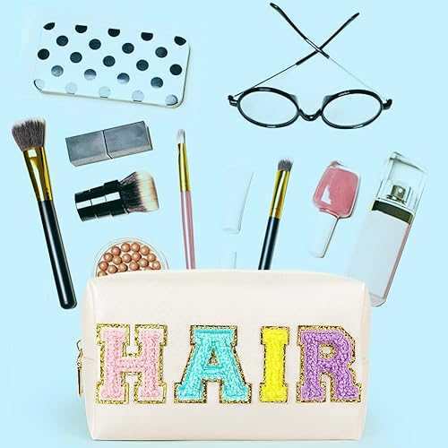 Miniatura 5 de Bolsa de maquillaje de parche Preppy, bolsa de cosméticos con letras de chenilla, bolsa de aseo de piel sintética, bolsa de maquillaje portátil con