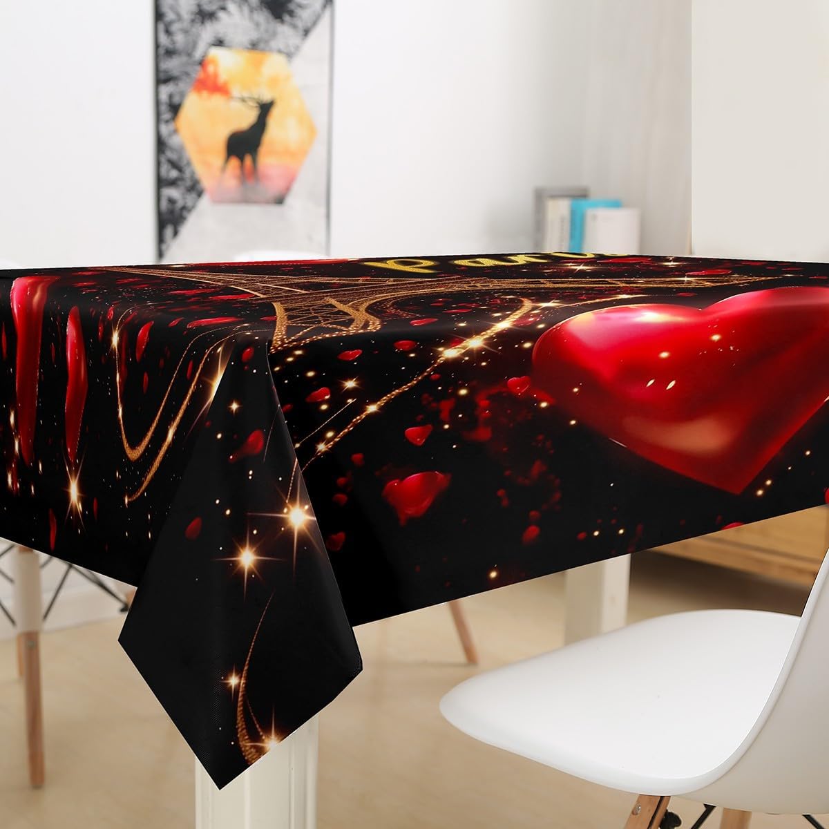 Homewish Gold Glitter Paris Tablecloths,Red Love Pattern Table Cloth for Kids Girls Boys Teens Kitchen Dining Room Decor,French Eiffel Tower Table Accessories Romantic Luxury Table Cover,55"x71" image 3