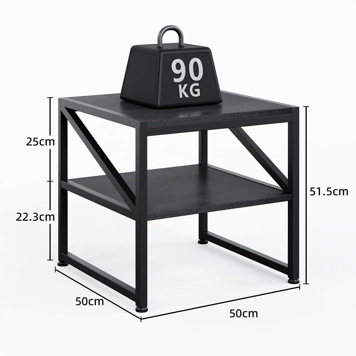 CAIYUN Mesa Auxiliar Salón 50x50x51,5 cm, Mesa de Centro de 2 Niveles Carga Máxima 90 kg, Estilo Industrial con Estructura de Metal, Soporte para Mini Nevera Acuario Impresora, Negro