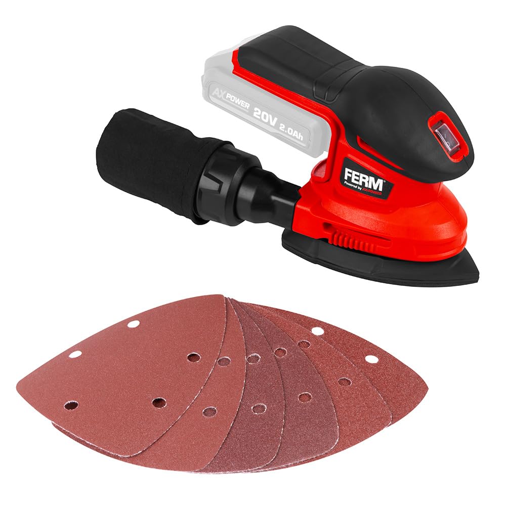 FERM AX-Power Ponceuse Delta sans fil - 280W - Vitesse variable - 6 feuilles abrasives - Adaptateur aspirateur - Softgrip - Pour bois et métal - Sans batterie ni chargeur