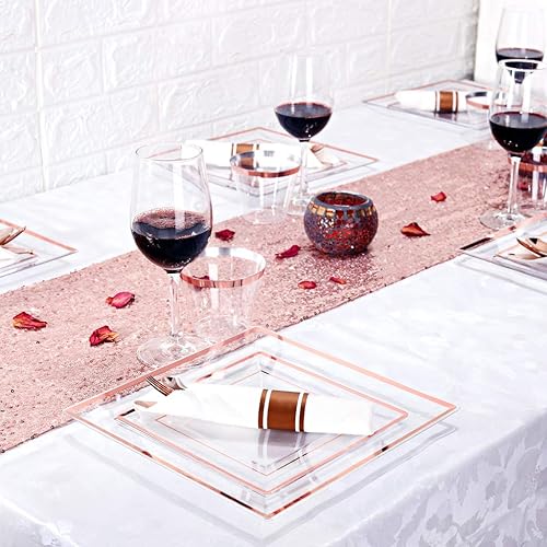 Miniatura 4 de WELLIFE 150 platos cuadrados de plástico de oro rosa, vajilla desechable de oro rosa incluye 50 platos, 25 tazas, 25 cuchillos, 25 tenedores, 25