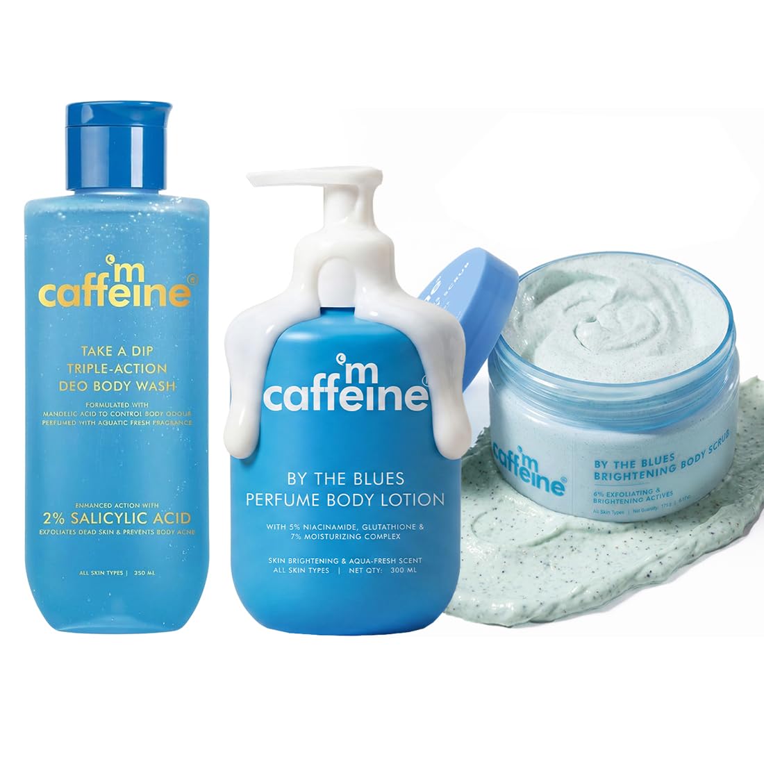 mCaffeine 2% Salicylic acid, 3-in-1 Perfume Body Wash + 5% Niacinamide & Glutathione for Brightening & Detan By The Blues Perfume Body Lotion + 2-in-1 By The Blues Exfoliating & Brightening Body Scru-image-20