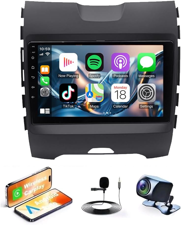 4GB +64GB 9 inch Android 14 Car Radio Stereo for Ford Edge 2015-2020 HD Touch Screen with Wireless Carplay/Android Auto Double Din GPS Navigation BT WiFi Camera MIC
