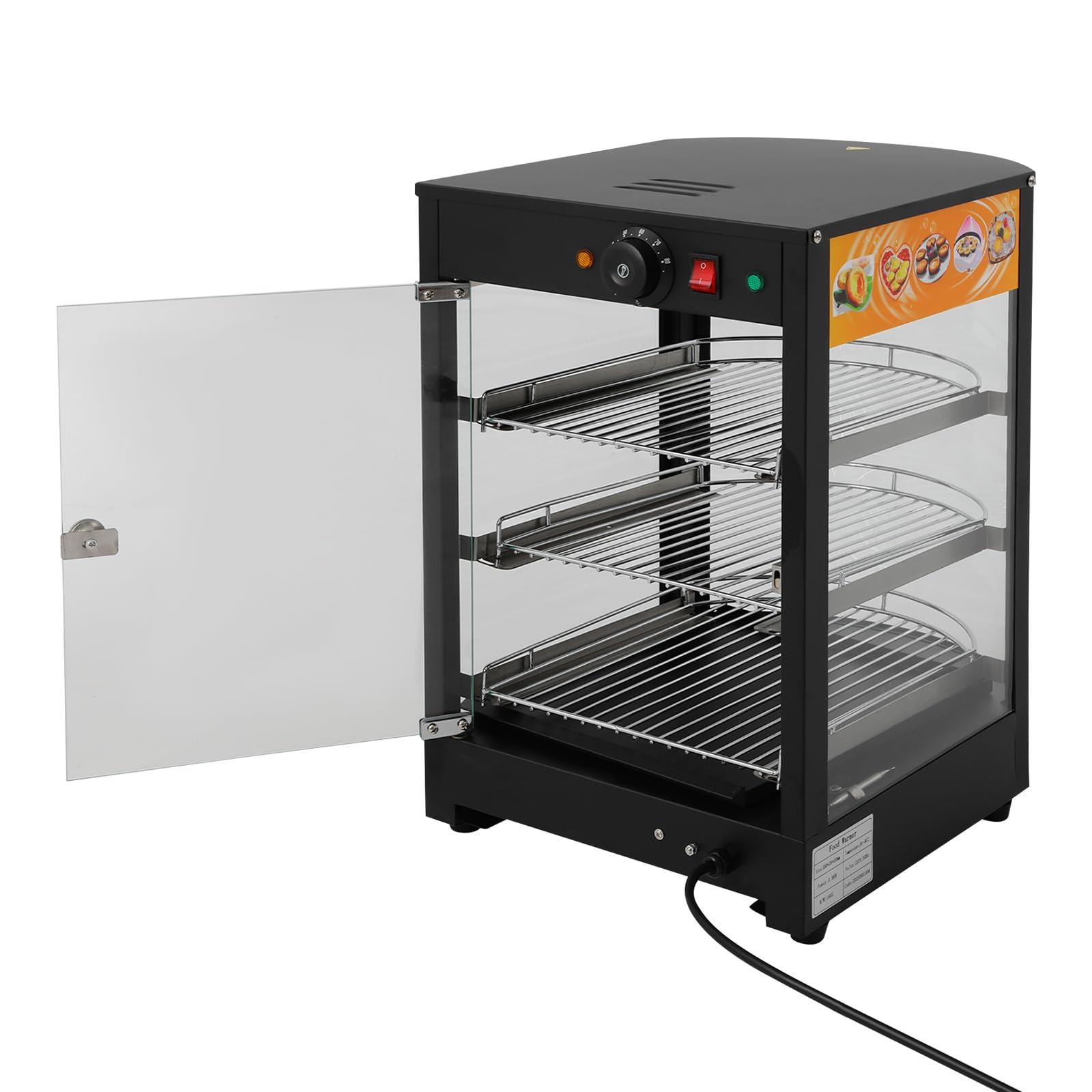 Scaldalibi commerciali a 3 livelli, 800 W, con luce, regolazione della temperatura da 30 °C a 85 °C, scaffale in filo a 3 livelli, contenitore per hamburger, pizza, pane, pollo arrosto