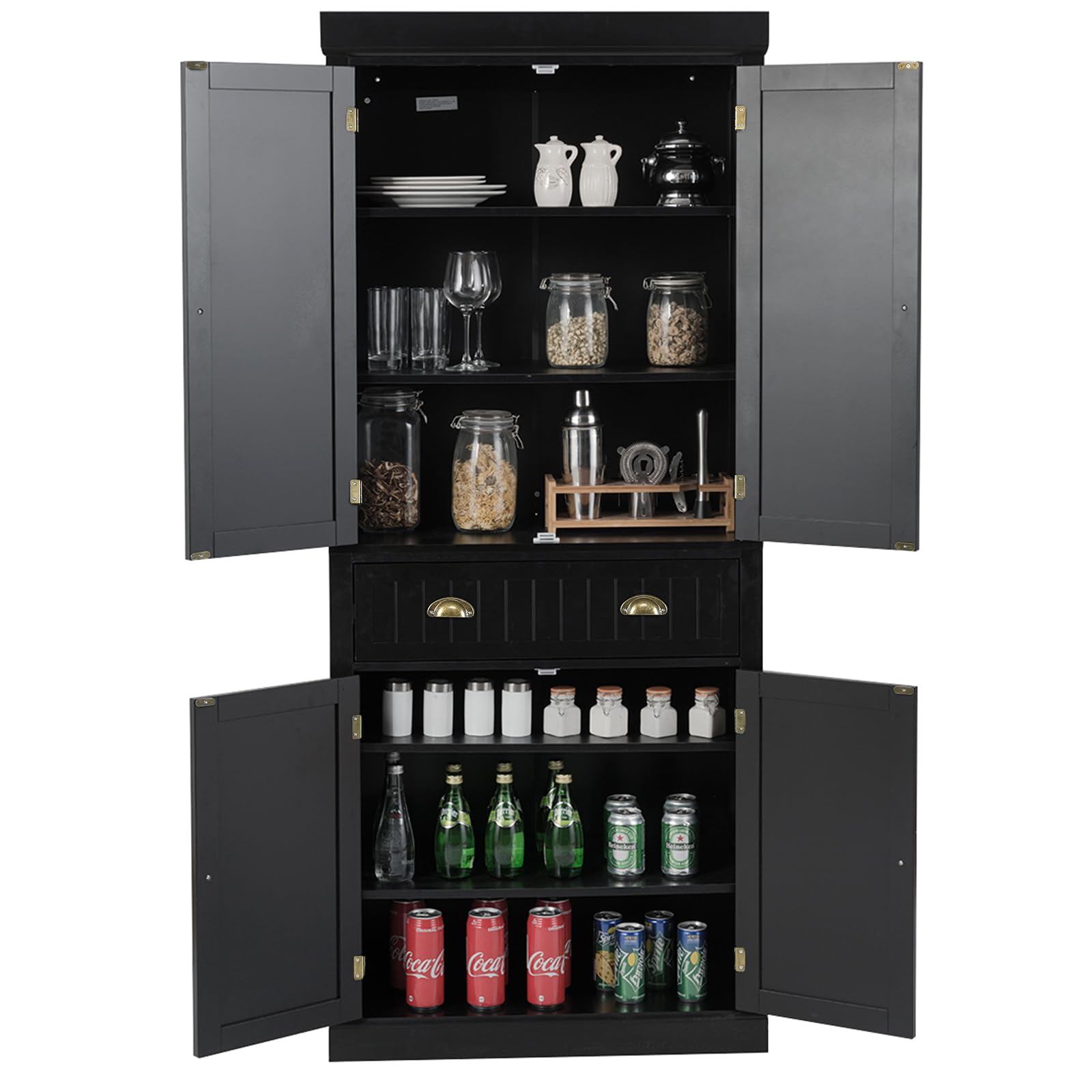 GIANTEX Meuble de rangement pour cuisine, salon, salle de bain avec 1 tiroir et 4 portes, 76 x 40 x 183,5 cm, meuble de rangement pour cuisine, salon et salle de bain, noir