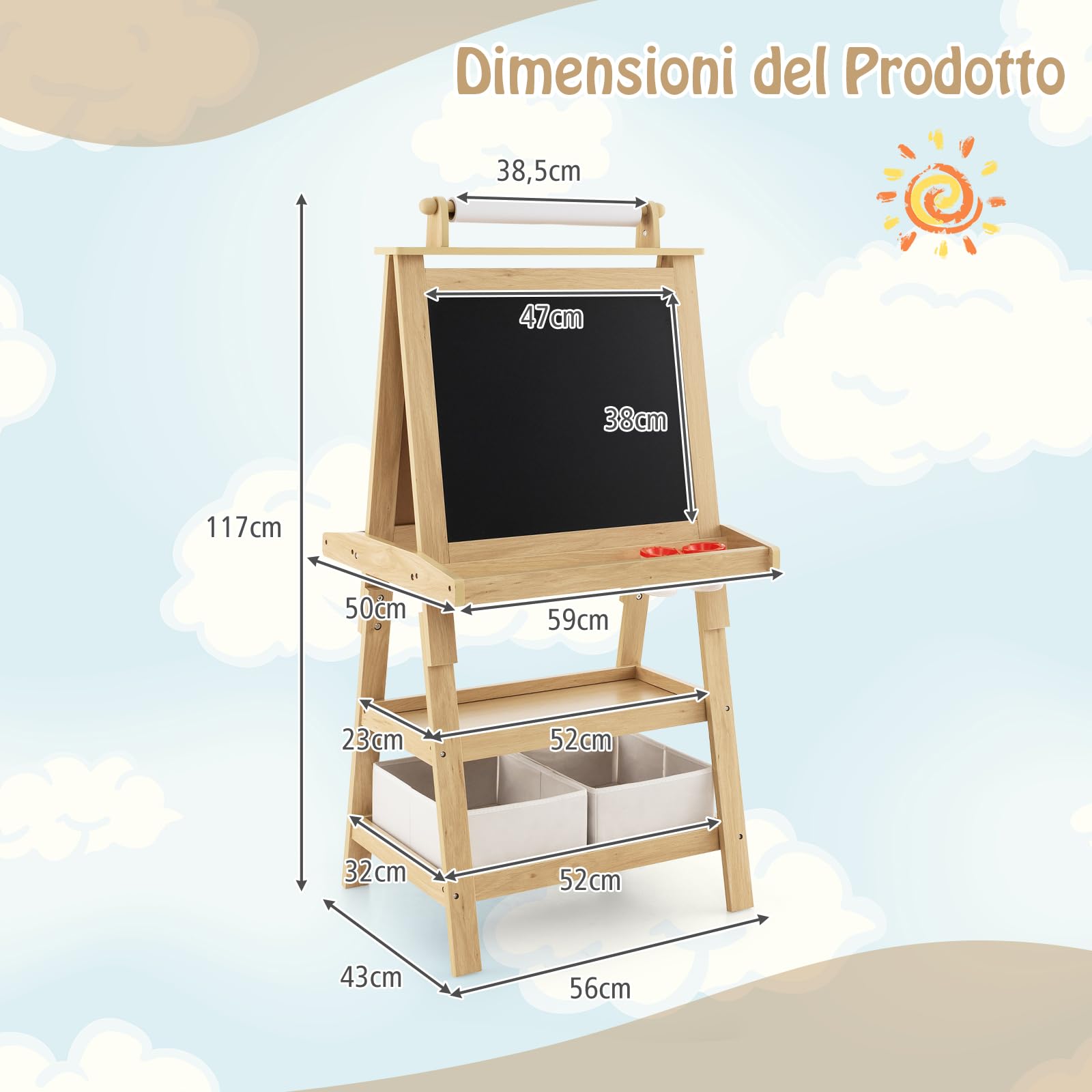 GYMAX Cavalletto per Bambini 3 in 1, Lavagna Magnetica con Doppia Faccia,2 Vassoi e 2 Scatole, Cavalletto per Dipingere, Inclusi Carta per Dipingere e Magneti, 59 x 50 x 117 cm (Naturale)