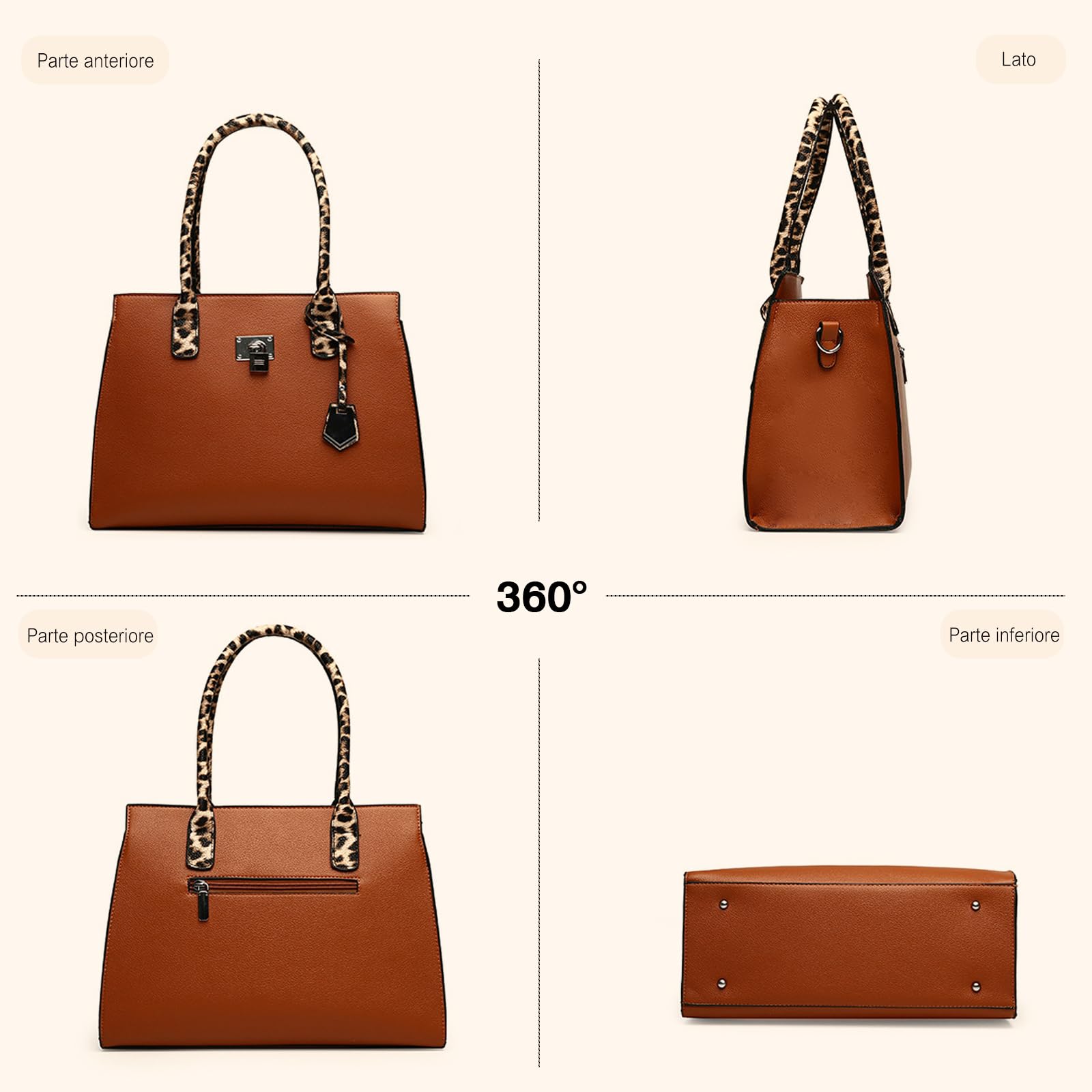 FANDARE 3 pezzi Set Elegante Borsa a Mano Donna PU Pelle Borse tracolla Spalla Leopardato Retrò Borse Tote Pochette Portafoglio Borsa Messenger per Shopping Viaggio Partito Sacchetto Borsetta