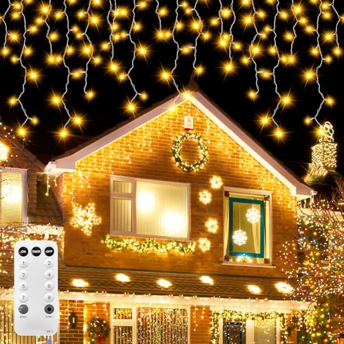 15m 600LED Eisregen Lichterkette für Außen Innen IP44 Wasserdicht Außenbeleuchtung mit Fernbedienung Weihnachtsbeleuchtung mit Timer/8 Modi Lichter Deko für Balkon Traufe Outdoor (Warmweiß)