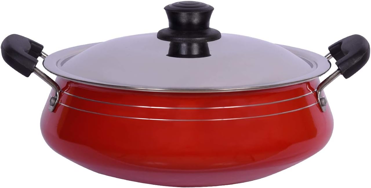 Cherry 9 inch, “Cook & Serve” Handi with Teflon Classic coating, steel lid & red exterior. Great for handi biryani!!