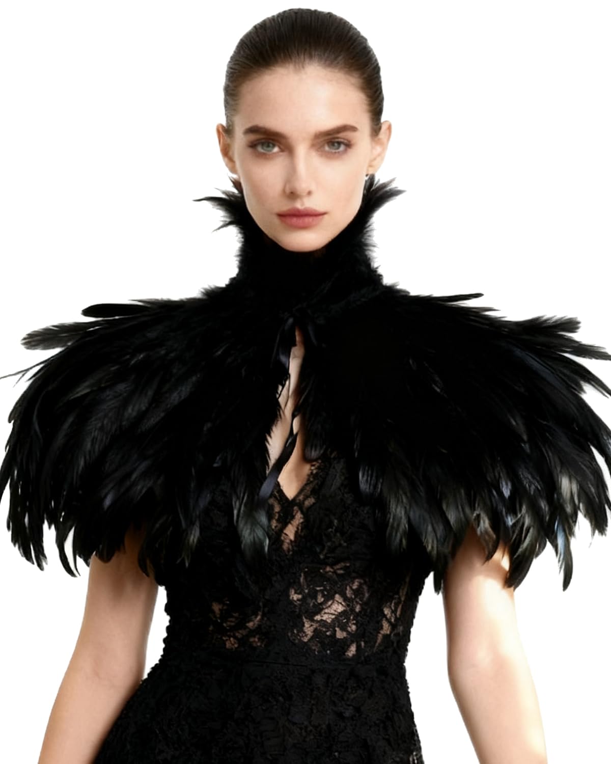 keland Gothic Victorian Natural Feather Shrug Cape Shawl Poncho with Choker Collar Black (Nero)