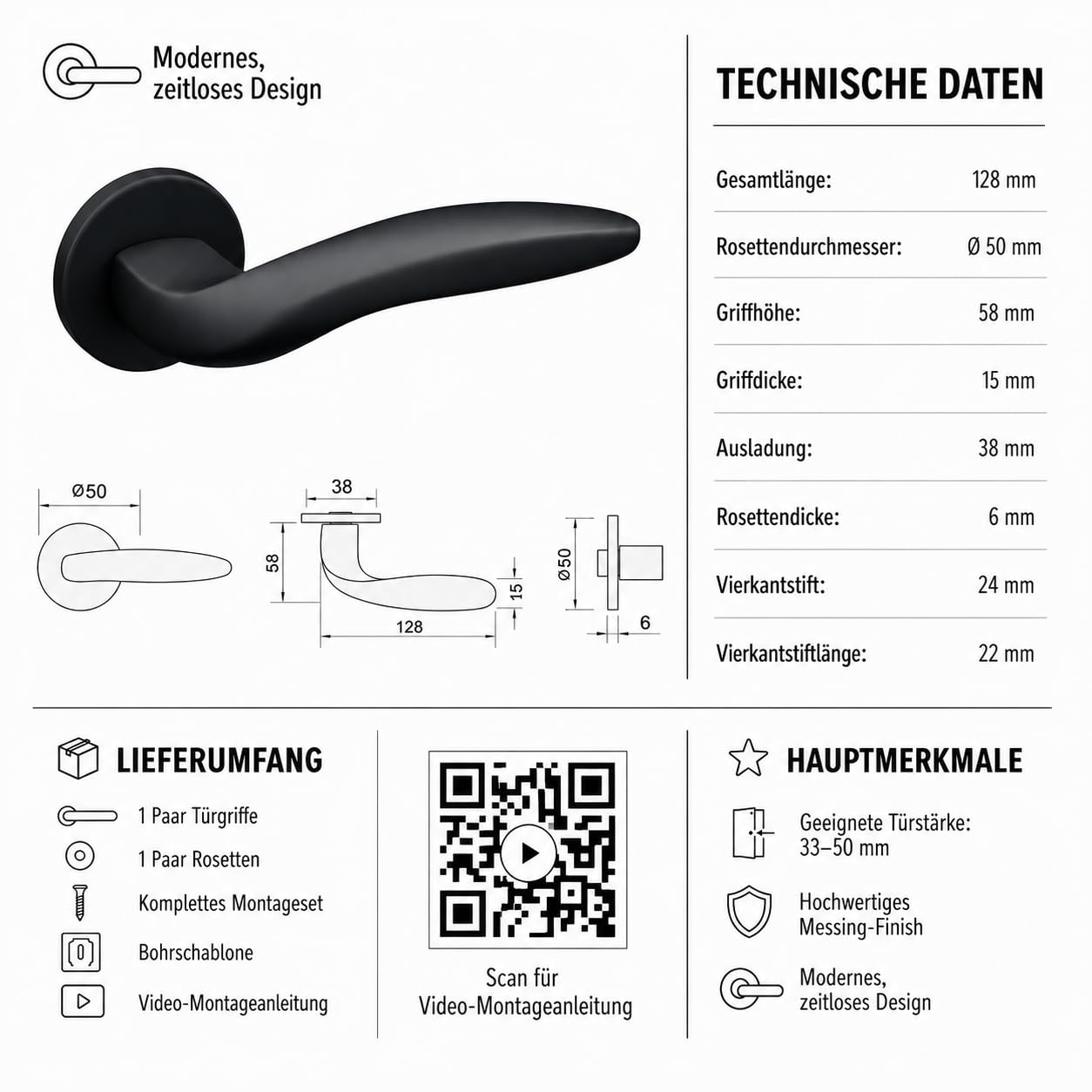 Gavroche Türgriffe Schwarz Matt Set BB Buntbart | Türklinken für Innentüren | Drückergarnitur für Zimmertür mit runder Rosettengarnitur aus Aluminium Türbeschlag in L-Form
