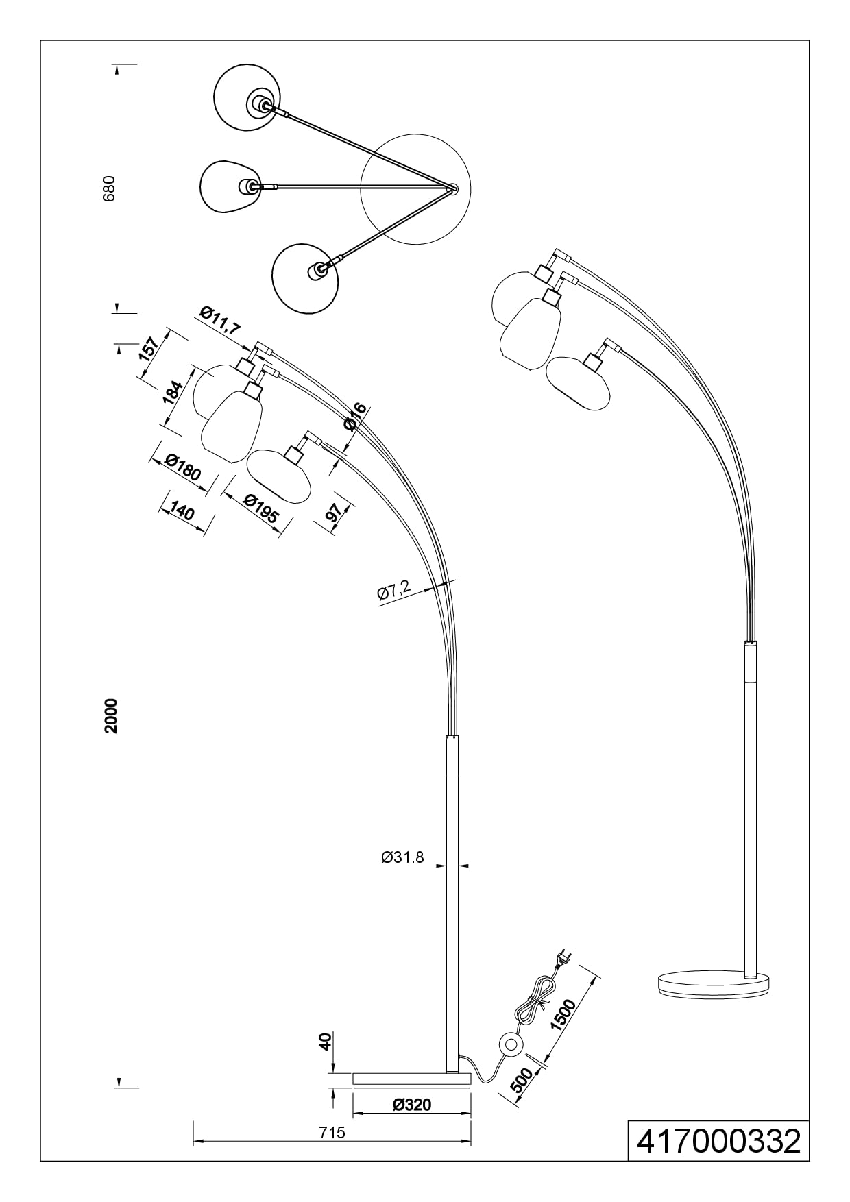 Ludmila Stehlampe, 3-flammige Stehleuchte für Wohnzimmer oder Schlafzimmer, Schirm aus Glas, Fußschalter, Höhe: 200 cm, Breite: 71 cm, Metall schwarz matt, exkl. 3 x E14, Max: 40W