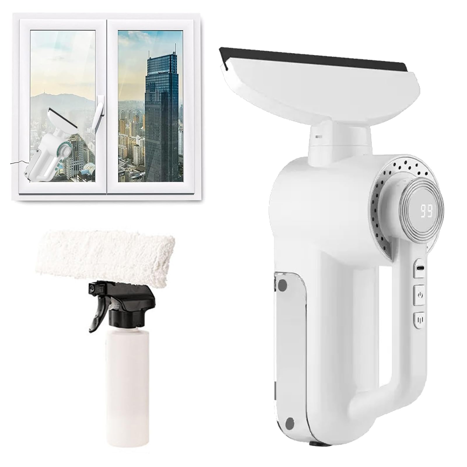 Pulitore elettrico per finestre, 1200 Pa, con bottiglia d'acqua staccabile, display a LED, spatola estesa, perfetto per la pulizia di vetri, doccia, specchi e auto