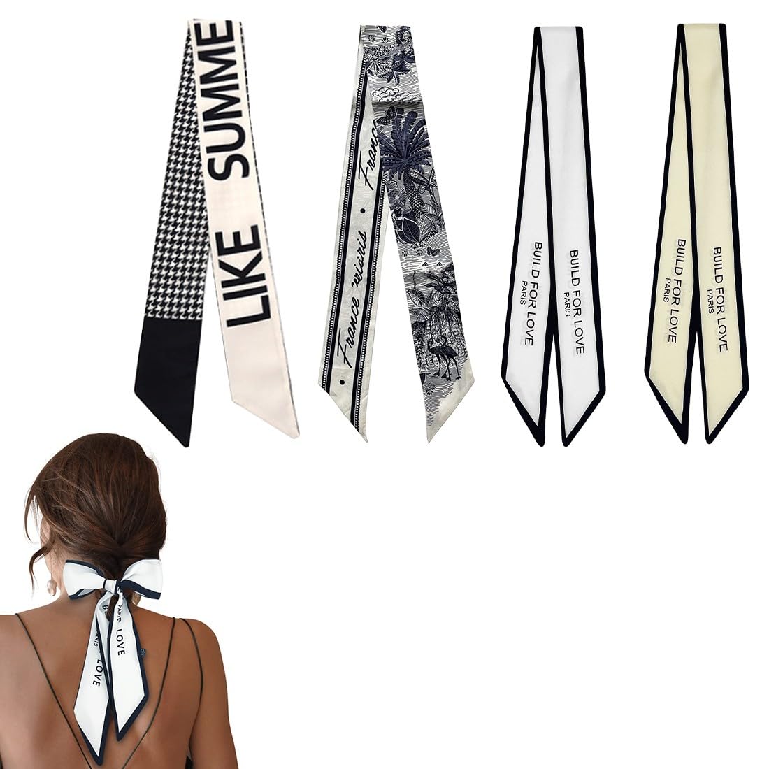 Lot De 6 Foulards En Satin – 90x6 Cm – Motifs Colorés – Pour Sac à Main, Cheveux, Cou – Accessoire Mode Femme