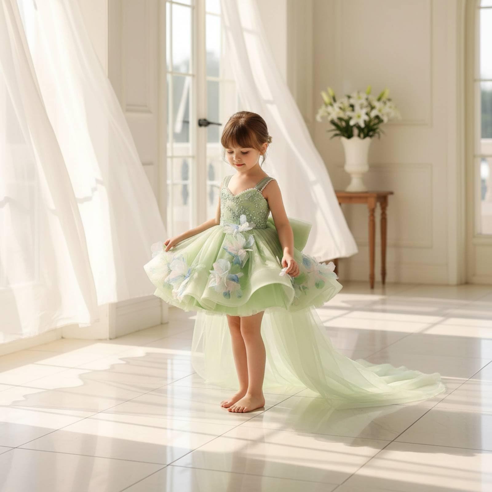 F Fityle Vestido de Fiesta para Niña Vestido Traje Gala con Gran Lazo Posterior Aplicaciones Florales y de Tul Ligero Adecuado para Bodas Comuniones Desfiles Sesiones de Fotos