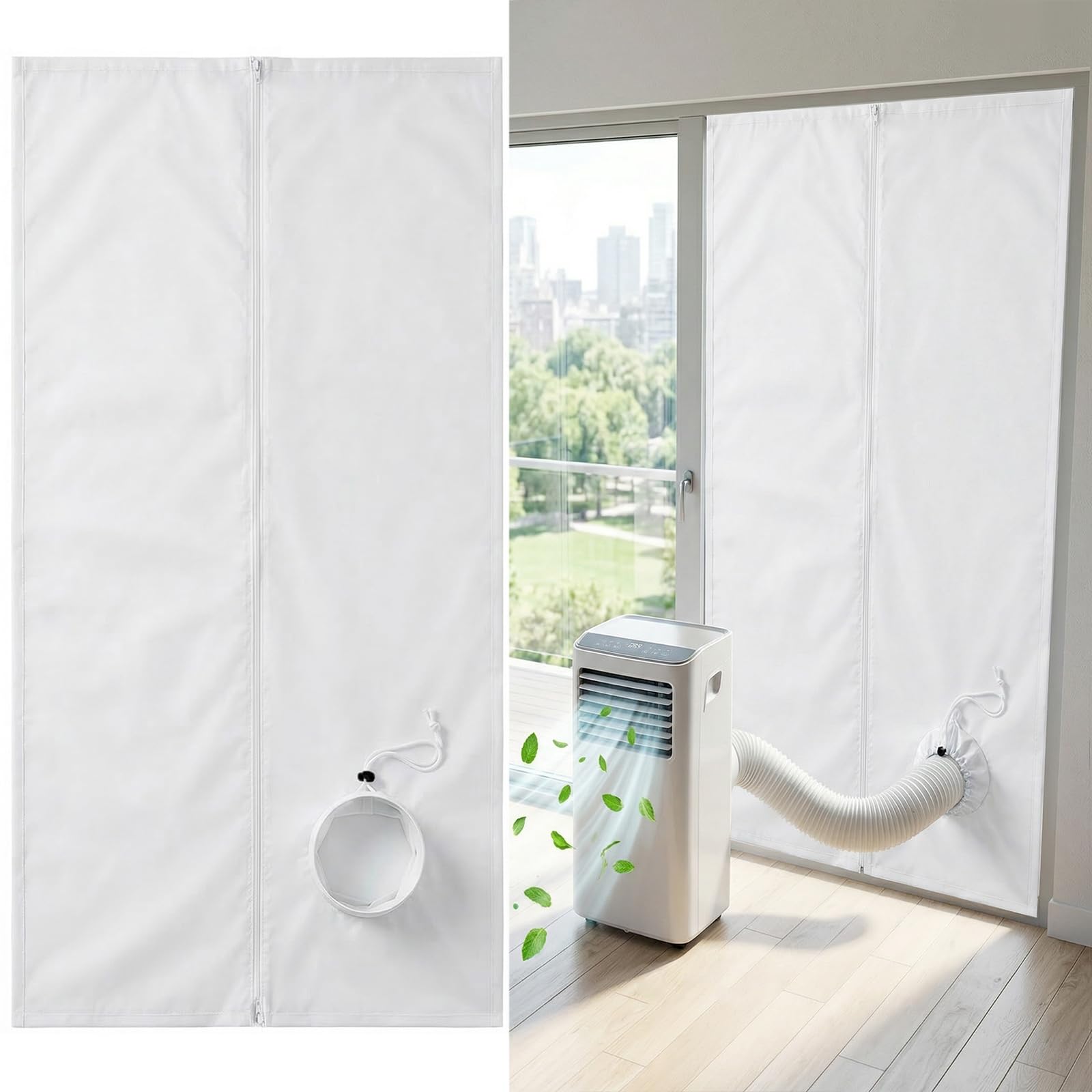 Türabdichtung für Mobile Klimageräte 100x210cm Klimaanlage Türabdichtung mit Zugband-Öffnung 7M Klettband Mobile Klimaanlage Fensterset Balkontürabdichtung Abluftschlauch Dichtung