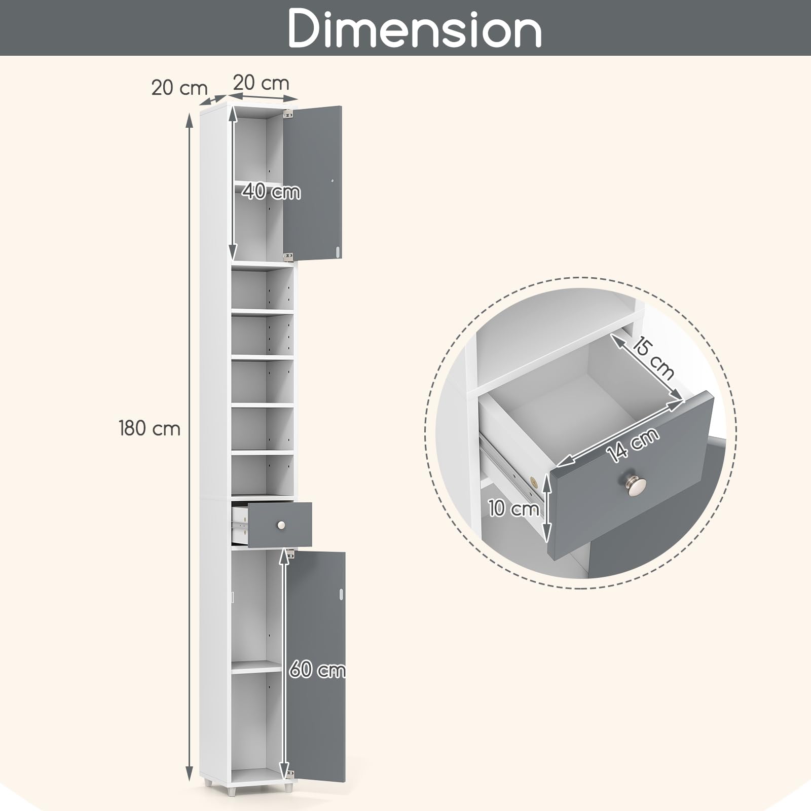 GIANTEX Badschrank Hochschrank, 20 x 20 x 180 cm, Badezimmerschrank Schmal mit Schublade, 2 Türen & 5 offenen Ablagen, Schrank fürs Badezimmer & Wohnzimmer (5 Ablagen, Grau + Weiß)