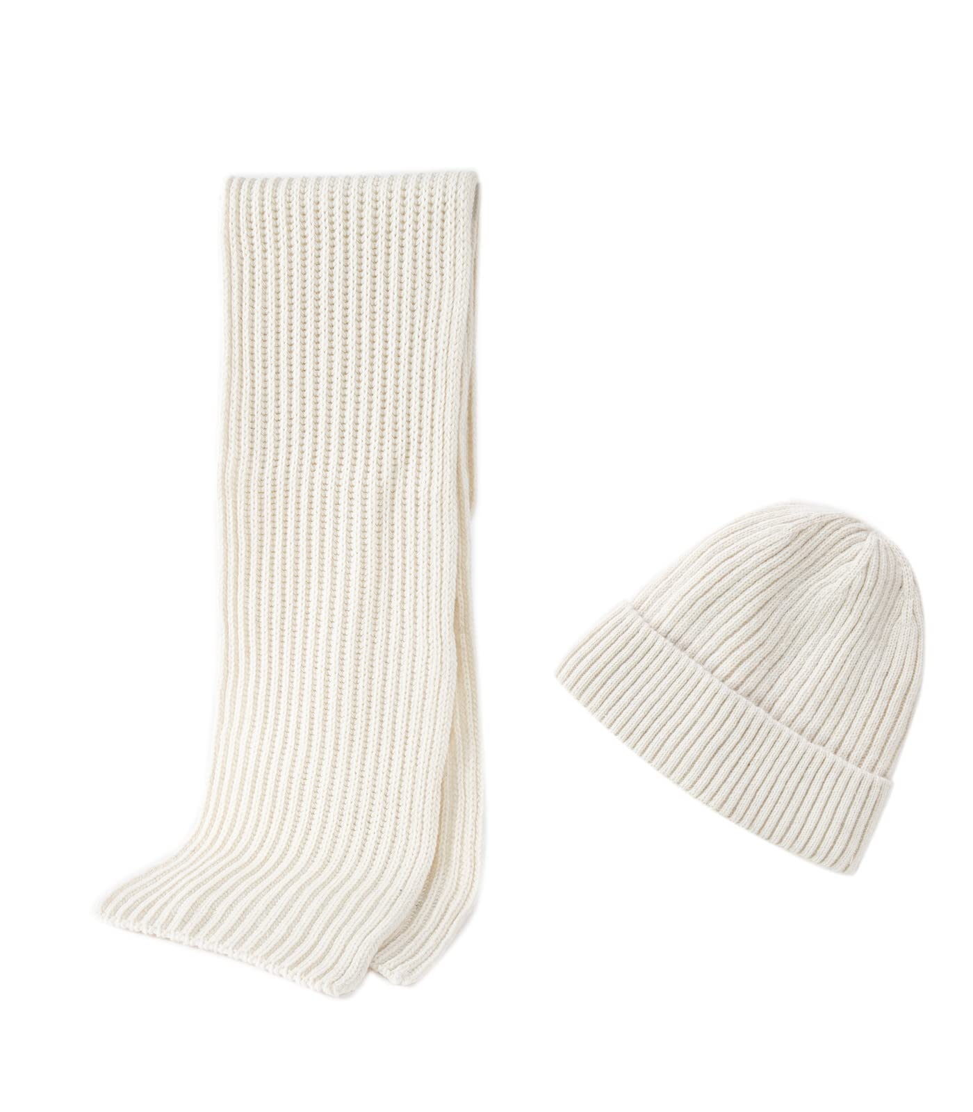 Embouro 2PCS Merino Wool Knit Beanie Scarf Set for Men & Women, Winter Soft Warm Long Scarves with Wool Beanie Hat (Beige)