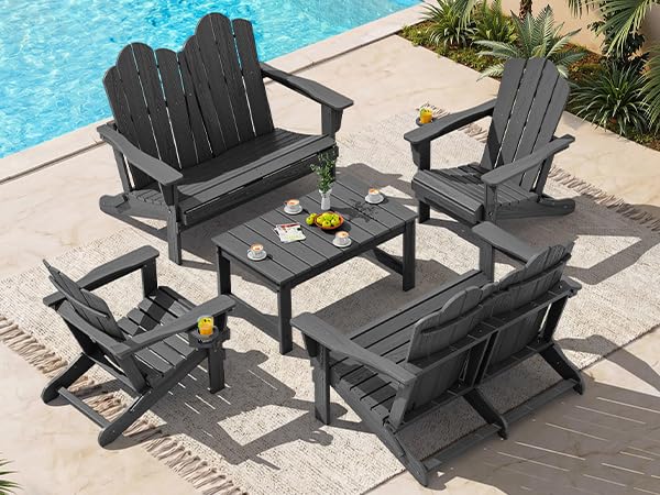 Image of SERWALL 5-Pc HDPE Adirondack Set, 2 Chairs, 2 Benches&1 Coffee Table, Grey