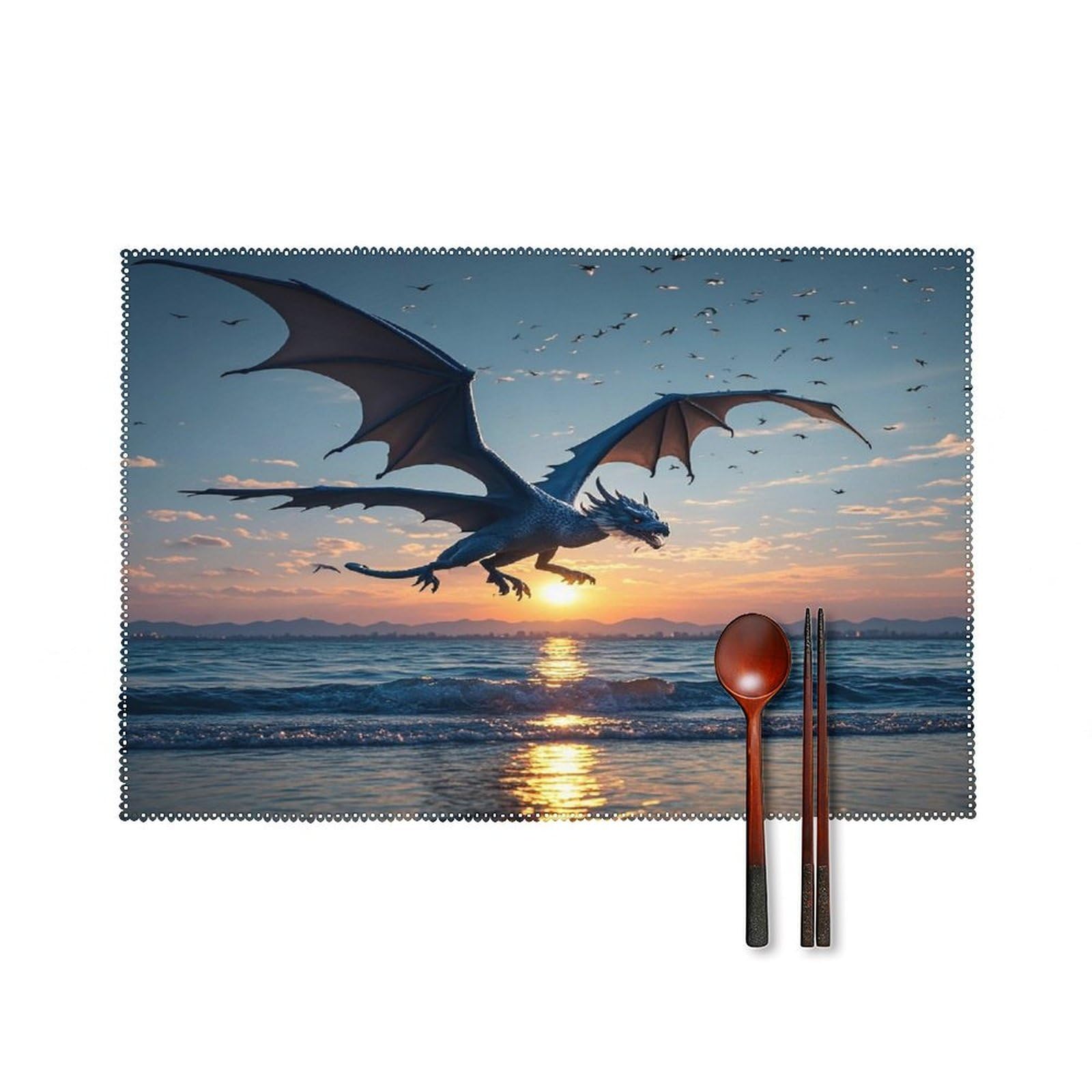 Sea Sunset Flying Dragon Placemats Set of 6 Heat-Resistant Washable Place Mats Wipeable Kitchen Placemat Easy to Clean for Indoor Outdoor Party Kitchen Decoration