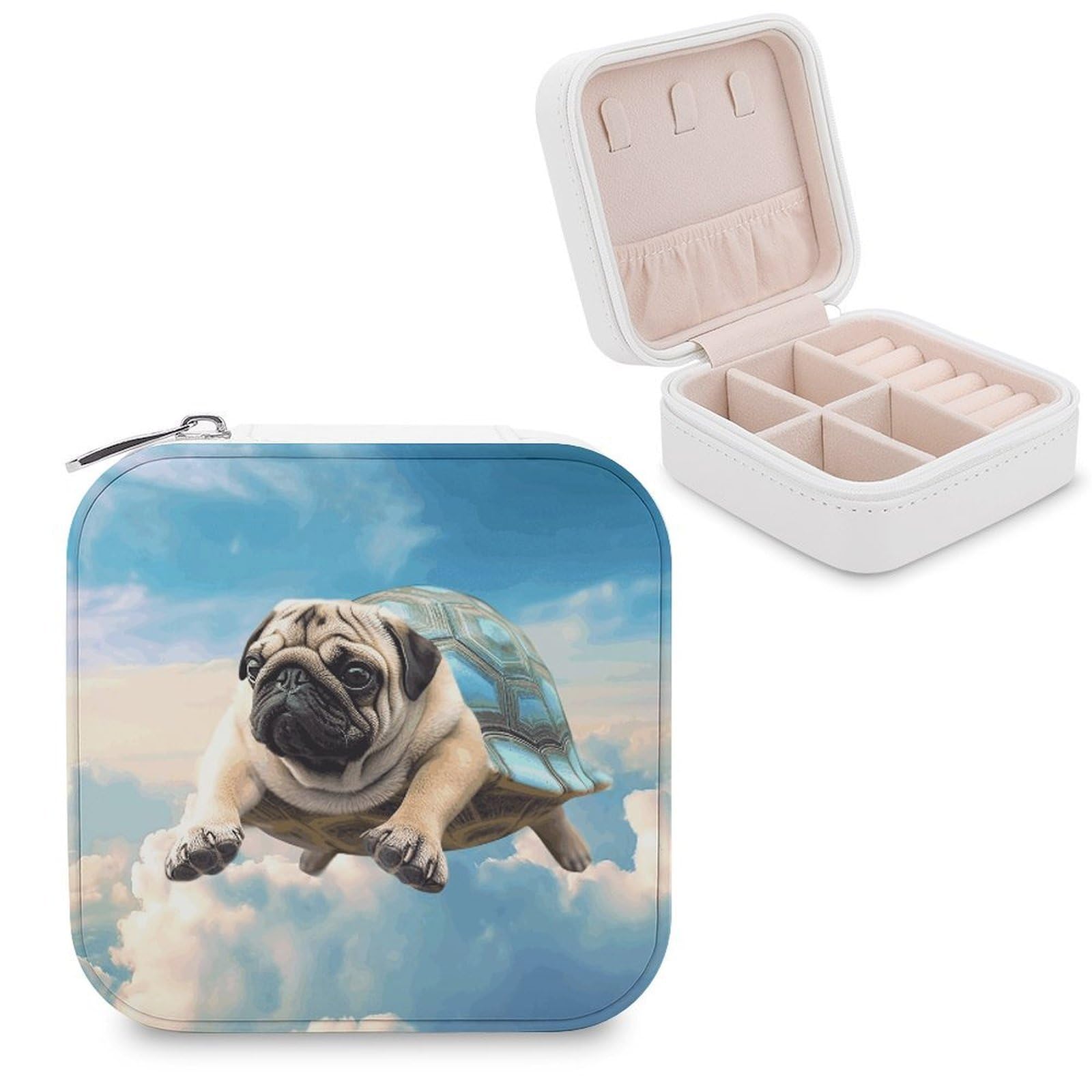 VstaDank Funny Turtle Pug Dog in The Sky Jewelry Box Exquisite Leather Jewelry Organizer Portable Trinket Organizer Fashion Travel Jewelry Case for Rings Earrings Necklaces Unique Gifts for Women