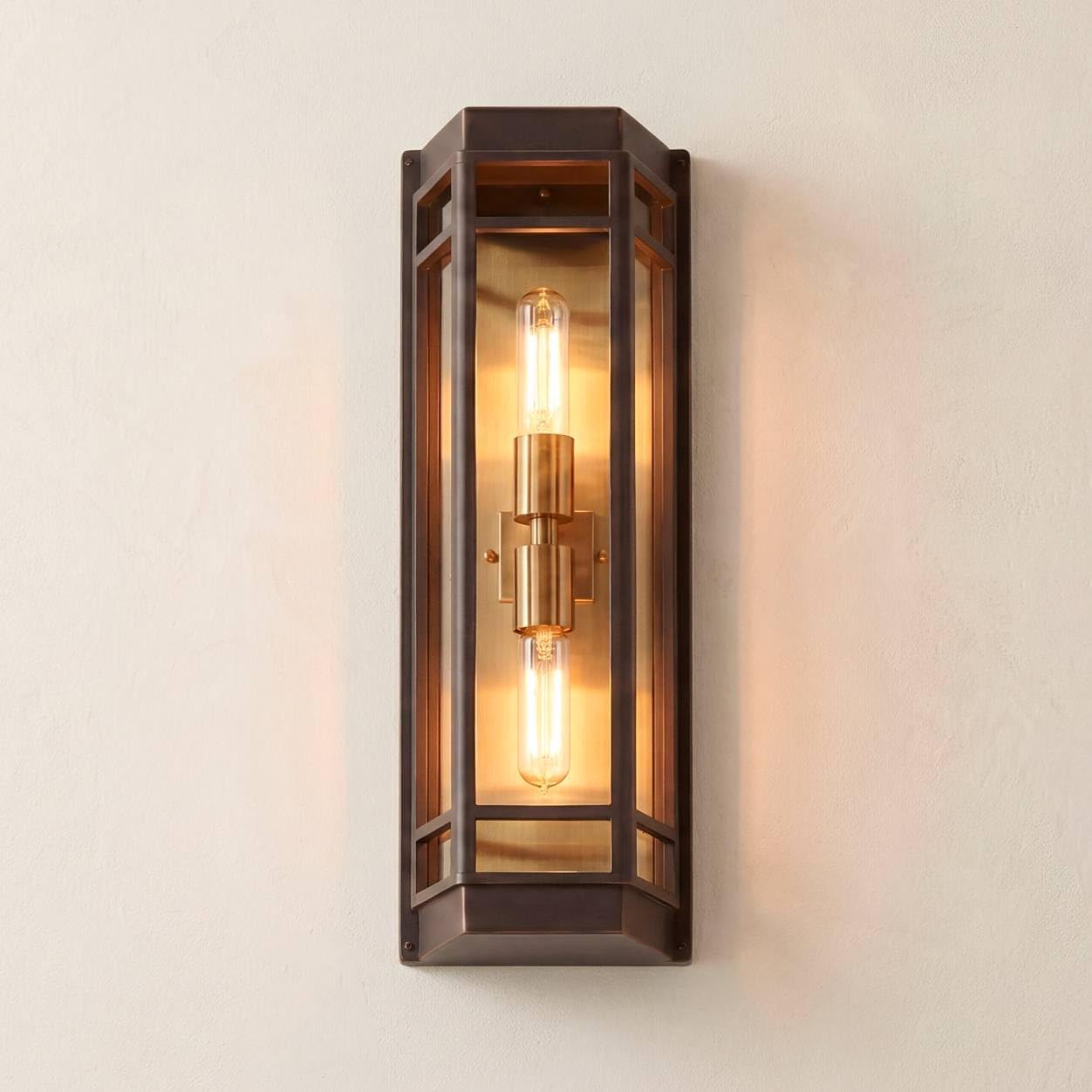 John Timberland Catie 21" High Modern 2-Light Outdoor Wall Light Fixture Mount Porch House Exterior Outside Lantern Weatherproof Sand Bronze and Brass Finish Aluminum Clear Glass Shade Front Door