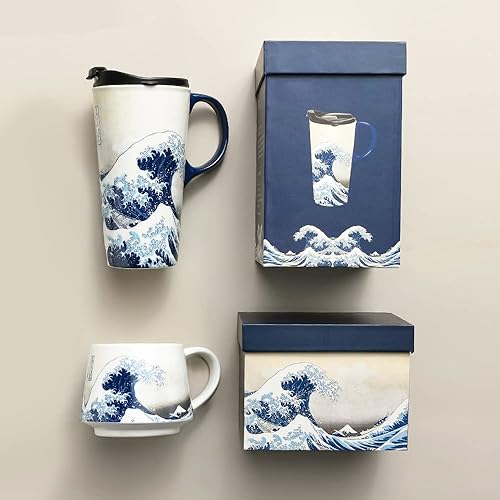 Vista 12 de Taza de café de viaje de cerámica con tapa y asa para el hogar y la oficina, taza de té alta de porcelana de 17 onzas con caja de color, viaje