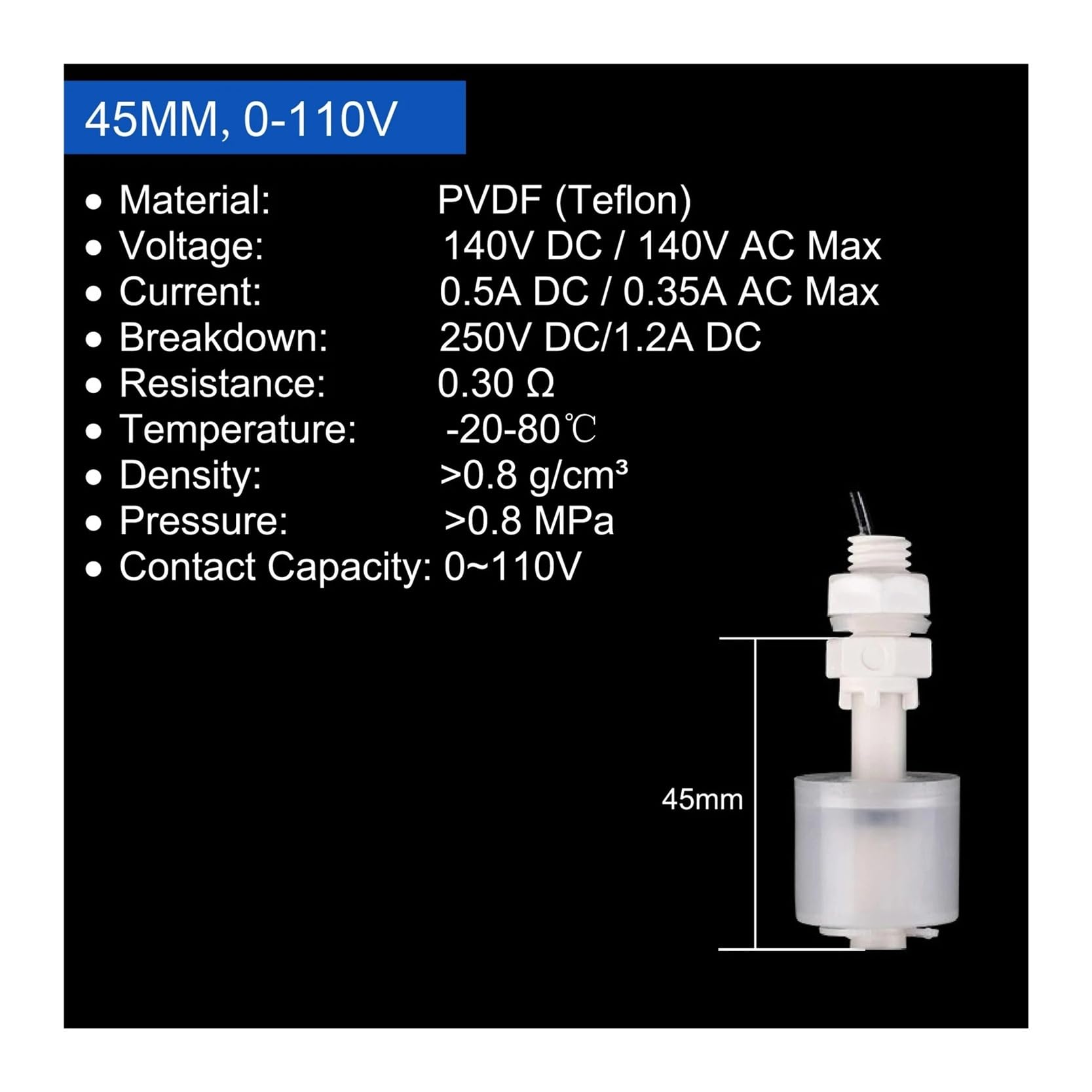 Sensor de nivel de flotador de bola única de PVDF(Single-45mm-0-110V)