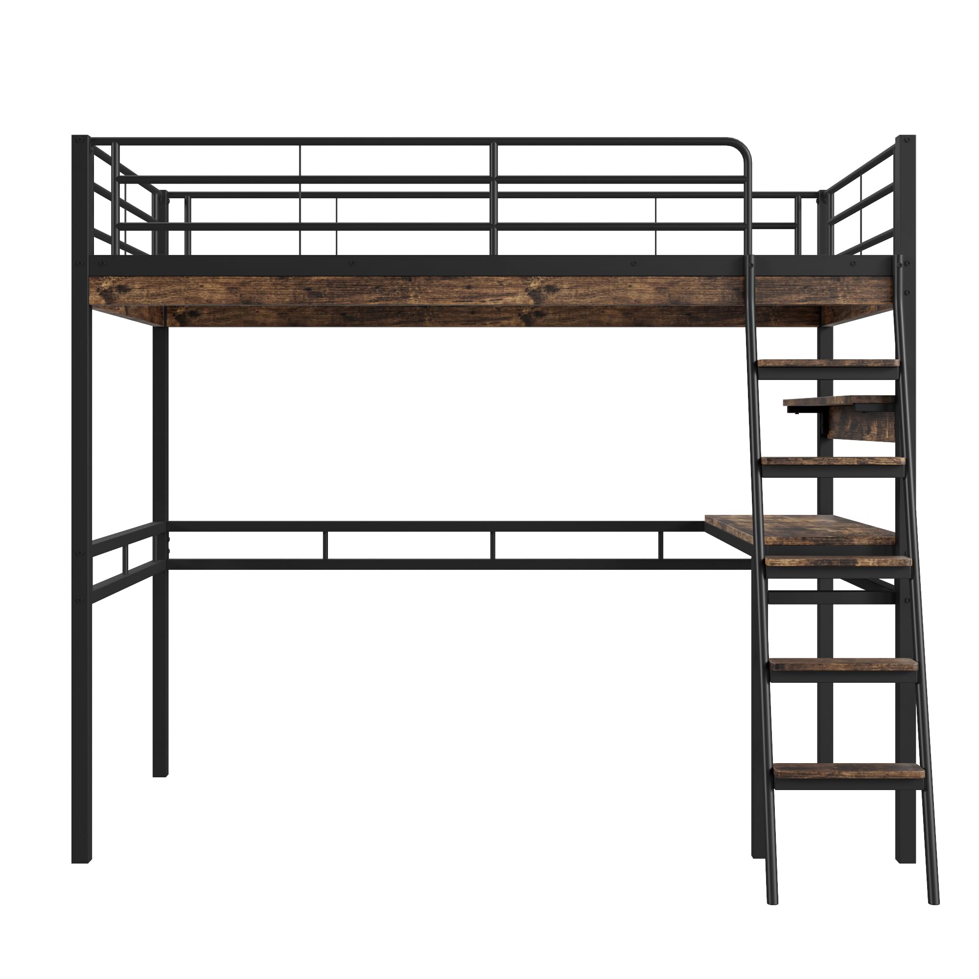Moimhear Letto a soppalco, 90x200 cm, senza materasso, letto con scrivania, ripiani, ringhiera, scala, struttura in ferro, nero