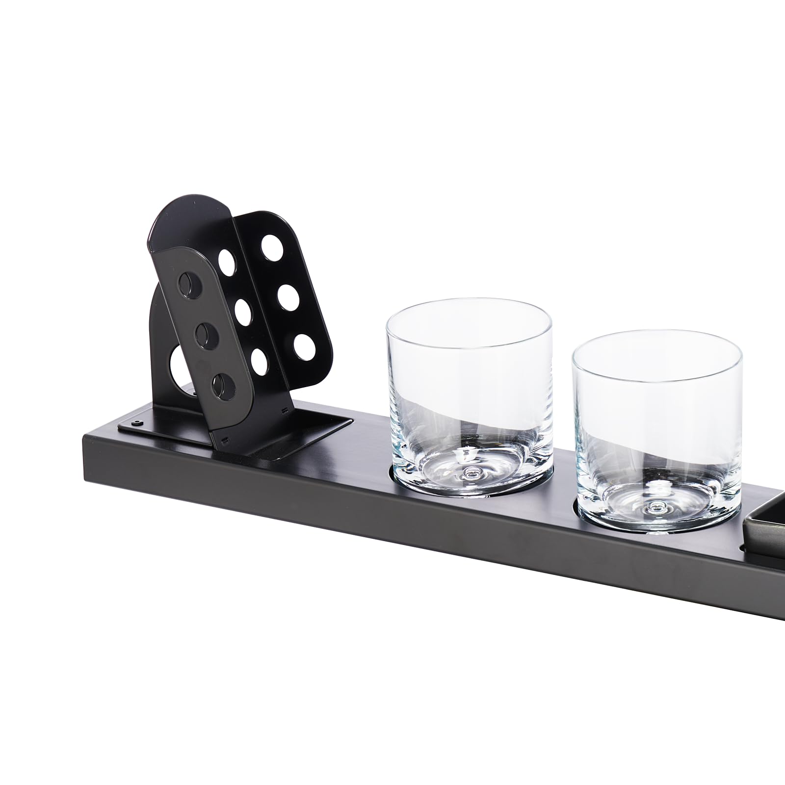 Servier-Set 4 Whisky Gläser ⌀8cm x 10cm und 1 Karaffe 6cm x 6cm x 20cm Metallbasis 77,5cm x 10cm mit Snackschale und Flaschenhalter für Haus und Bar Geschenk für Männer