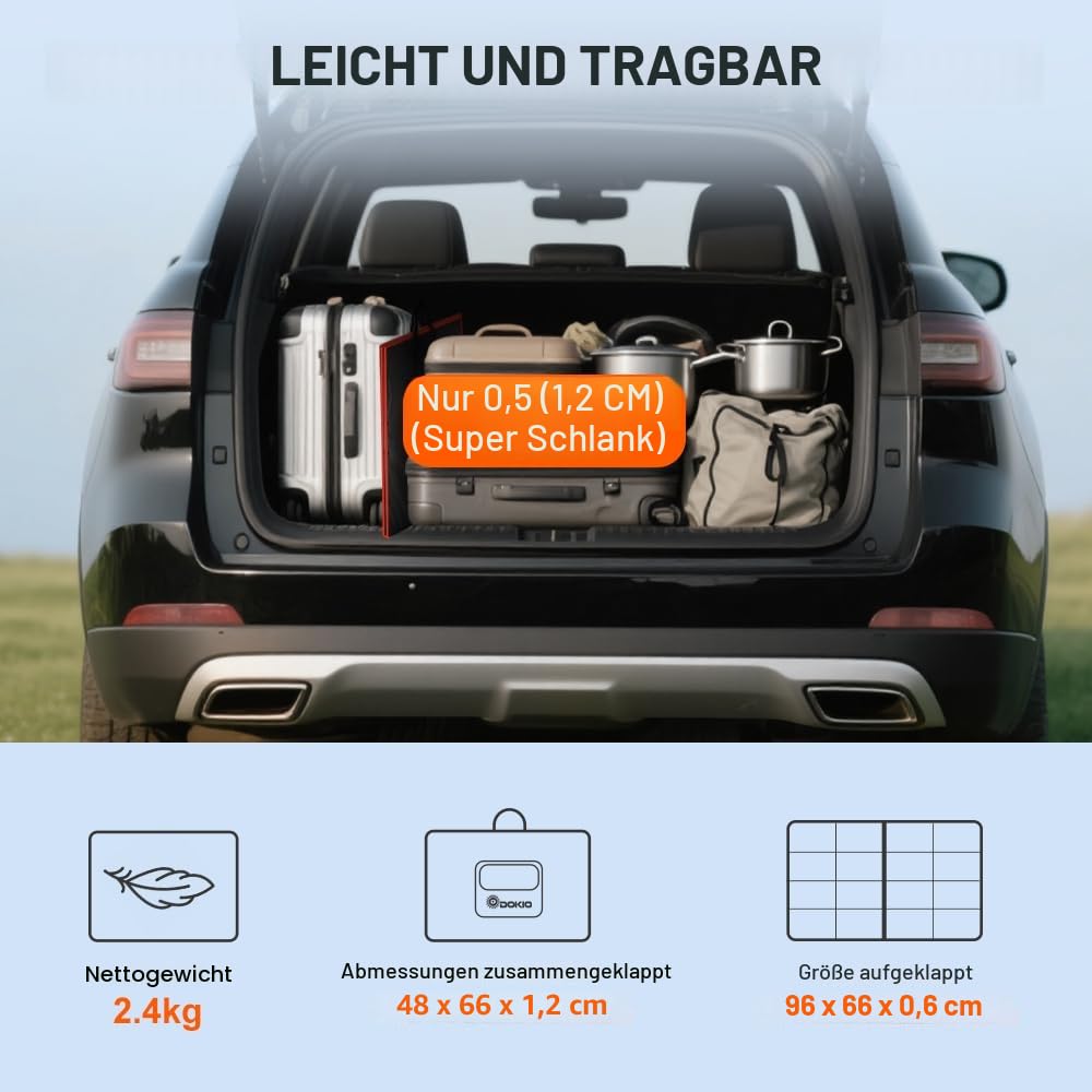 DOKIO Solarpanel Faltbar 100W Monokristalline Solarmodule Tragbar mit Solarladeregler (LCD Anzeige + 2 USB Ausgang), PV Kabel (3 Meter), 5 DC Adapter
