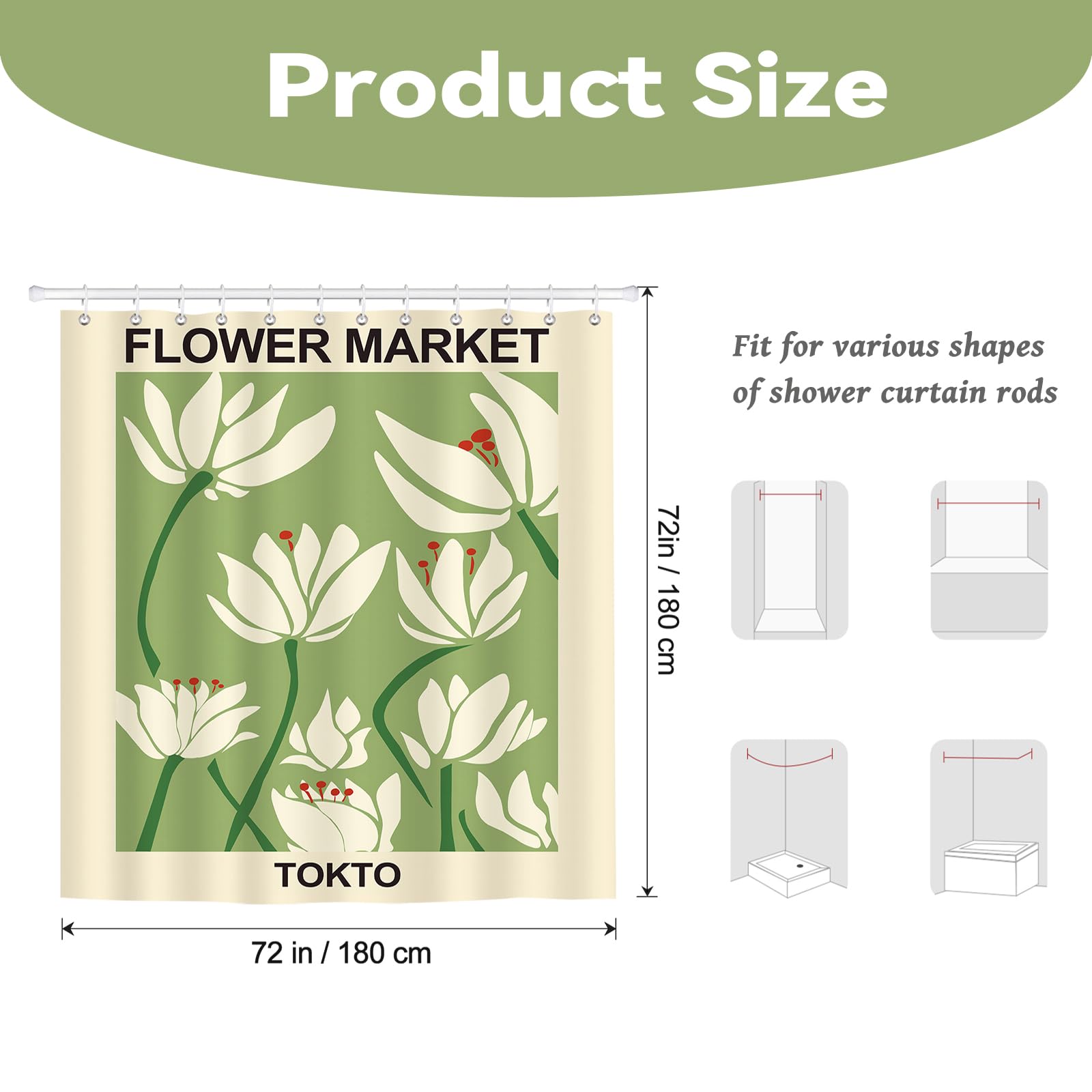 BREASOME Waterproof Shower Curtain 180 x 180 cm Green Floral Shower Curtain for Bathroom Decor Mould Proof Polyester Fabric Bath Curtain with 12 Hooks - Image 2