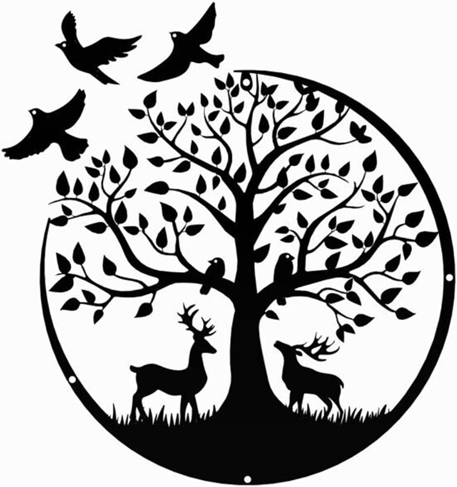 QUMENEY1PC Tree of Life Metal Wall Art Decor Bird Deer Shaped Wall Sign Creative Art Crafts Hanging Ornaments for Indoor Outdoor Home Garden Bedroom Living Room Kitchen (Black, 30x30cm)