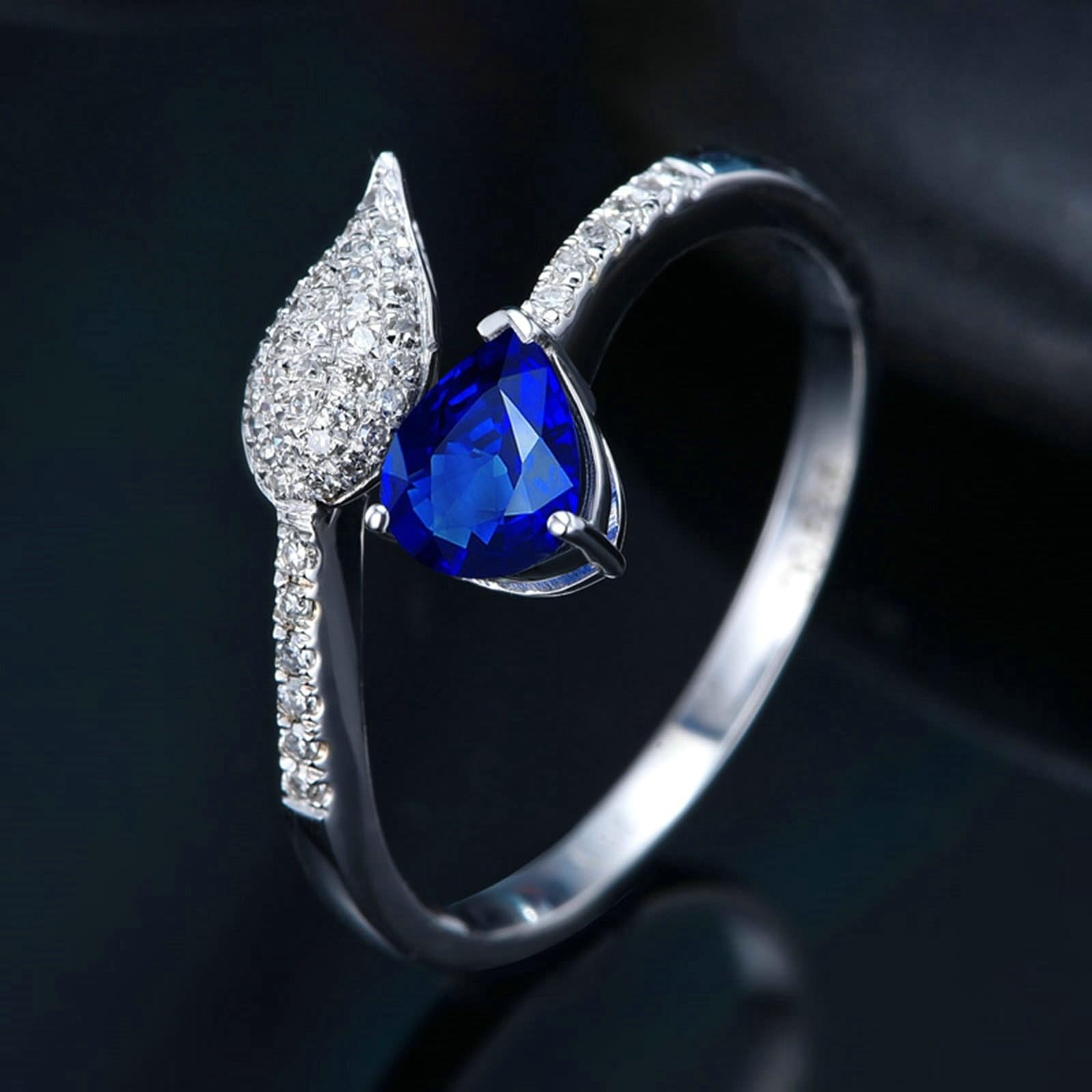 Eheringe Lesben, Ring Damen Ausfallend Verstellbar 18 Karat Weißgold Lab Saphir 0.52CT Blau Tropfenschliff VVS mit Diamant Natur Weiß Npassbar