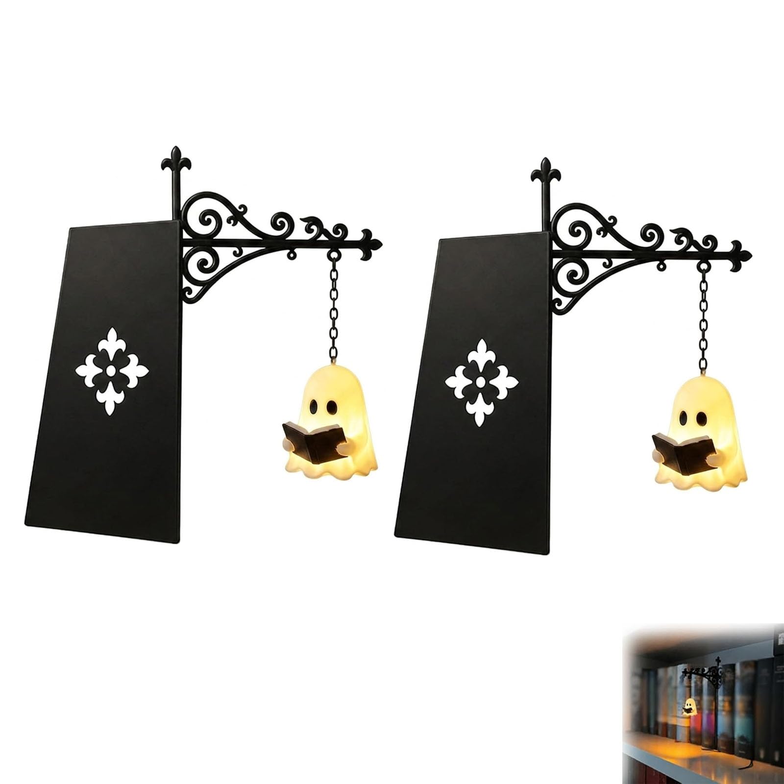 Ghost Bookshelf Lantern, Decorative Bookshelf Lighting, Cute Ghost Reading Lantern, Ornate Gothic Book Nook Insert Hanging Light, Halloween Hanging Ghosts Decor for Bookshelfs (01# 2Pcs)
