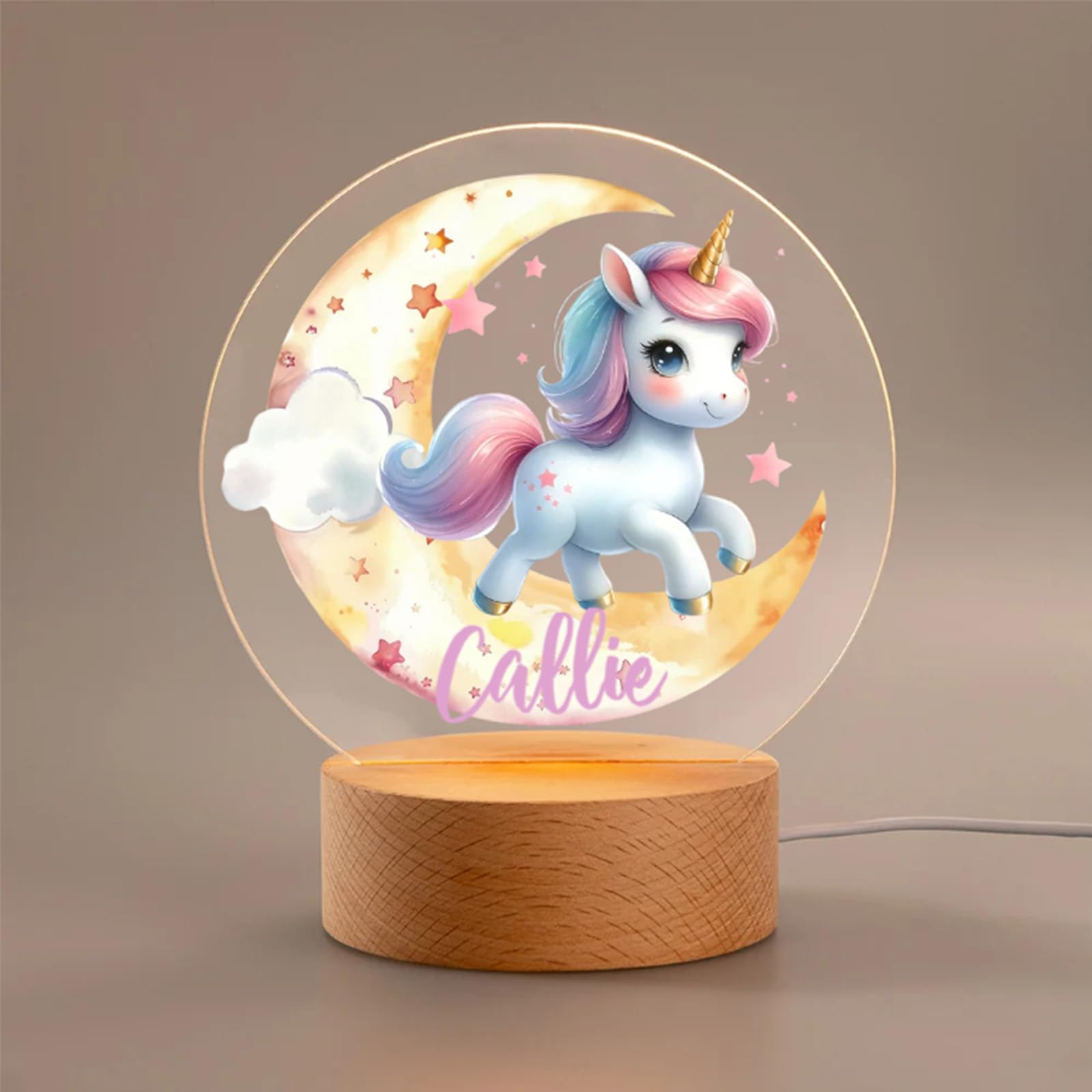 CALLIE Personalised LED Night Light with Name and Wooden Base, Fantasy Animals Moon Night Lights, Nursery Room Decoration Home Decor, Christmas Birthday Holiday Gifts for Kids Girls