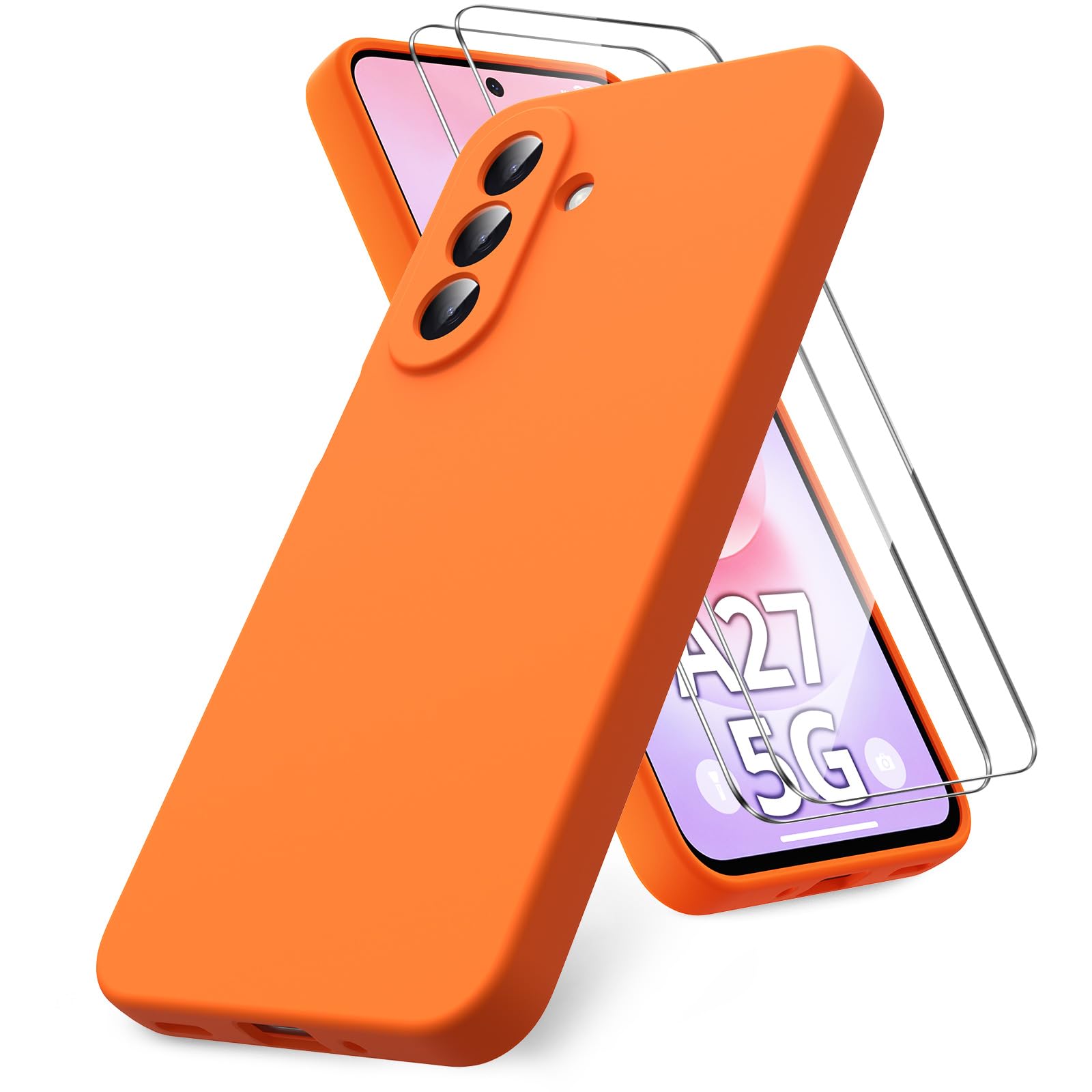 Vansdon Cover Compatibile con Samsung Galaxy A27 5G - Arancione | Contiene 2 Pellicola Protettiva in Vetro Temperato, Gomma Gel di Silicone Liquida Antiurto Custodia