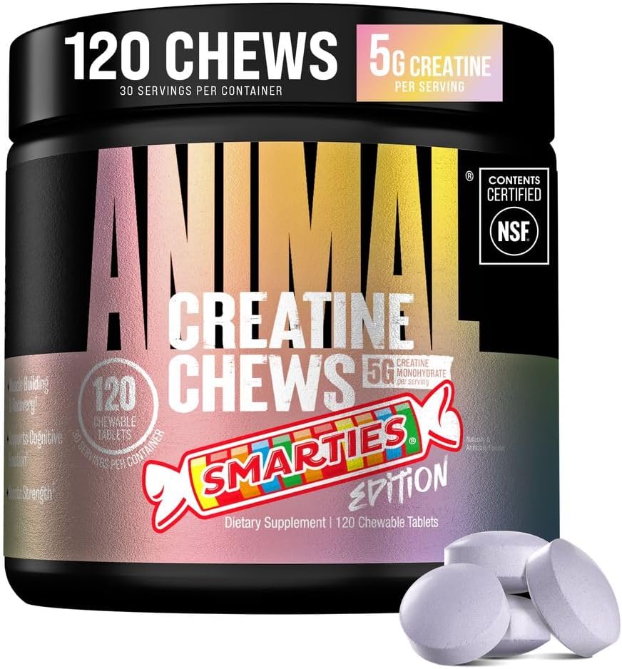 Animal Creatine Monohydrate Chews for Men & Women | Smarties 120 Count | 5g per Serv | Delicious Chewable with Electrolytes & Sea Salt Boost Absorption | Supports Cognition, Muscle Strength & Energy