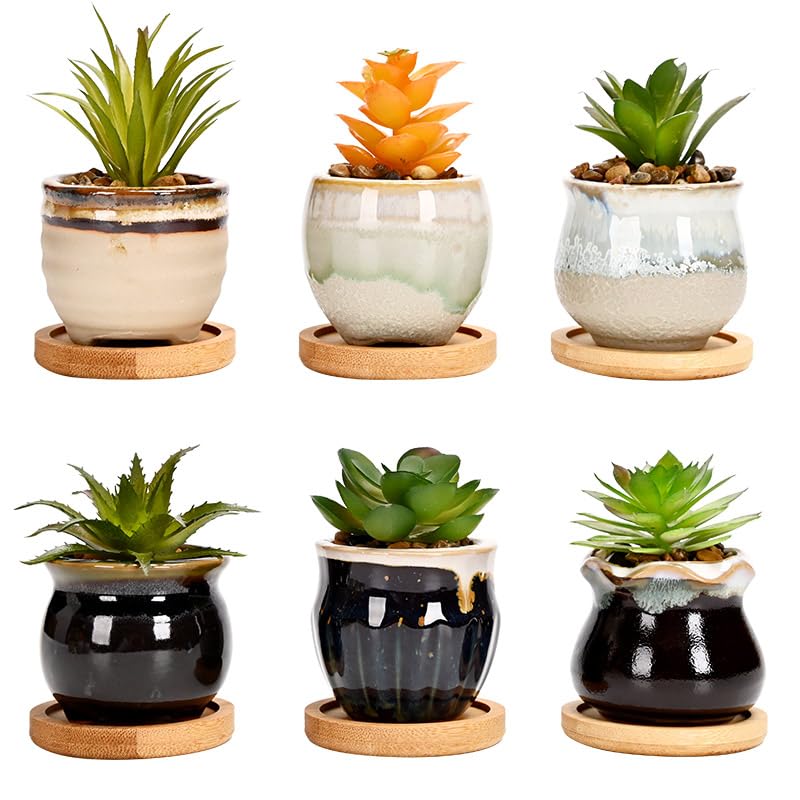 simpa 6PC Decorative Mixed Pattern Ceramic Plant Pots - Mixed Shape Design 7.3cm (H) x 7.3cm (Dia)