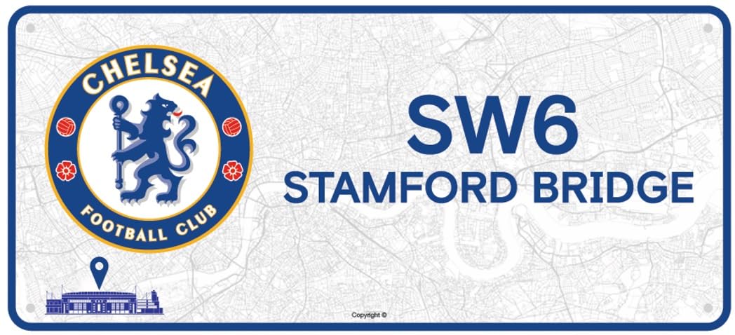 Chelsea Metal Wall Sign, Route to Stamford Bridge SW6, Gloss Finish, 15.75 x 7.09 Inches, Living Room, Games Room