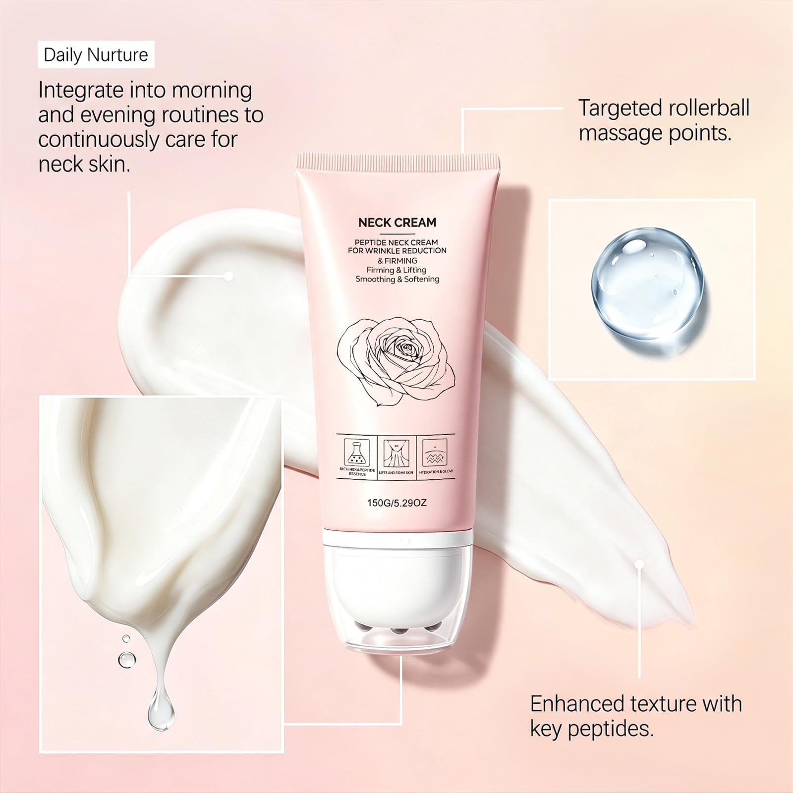 Crema Roll-On Collo, Crema Rassodante Collo, Cura Idratante Pelle, Rullo Massaggiante, Pelle Segnata, Zone Secche e Ruvide, Contorno, Idratazione Décolleté, Uso Quotidiano, Comfort Quotidiano (5pcs)