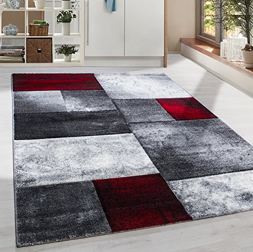 HomebyHome Tapis Salon Moderne Rouge 160x230 cm - Poil Court Pour Chambre, Salle de Séjour, Cuisine - Carreaux Doux et Moelleux - Moquette Rectangulaire à...