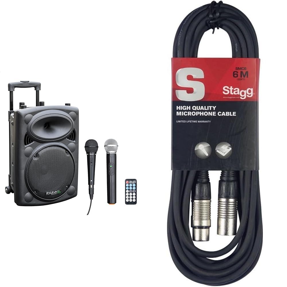 Ibiza - PORT10VHF-BT - Altoparlante portatile da 10"/500W MAX con 2 microfoni & Stagg Cavo da microfono a mixer SMC6 da 6 metri XLR (m) -XLR (f), nero
