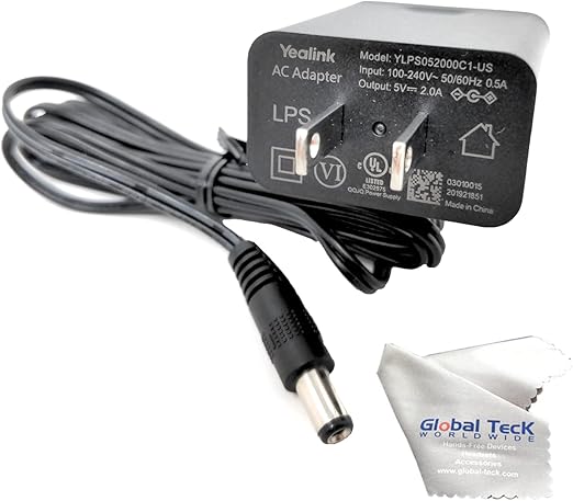 Yealink PS5V2000US Power Supply Adapter 5V 2A - Compatible with Yealink SIP Phones: T54W, T29G, T46S, T46U, T48S, T48U, T52S, T54S, T56A, T58V, T58A, Bundle with Global Teck Microfiber Cloth