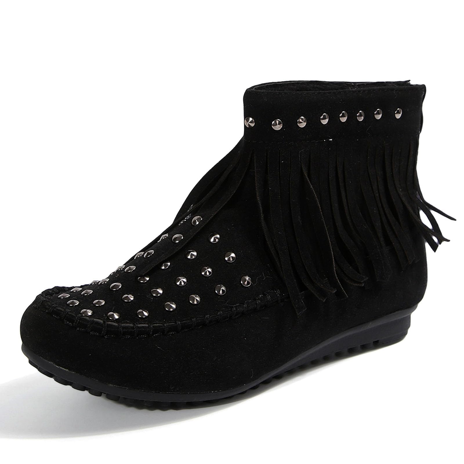 Women Classic Fringe Studded Boots Suede Tassel Cowboys Round Toe Flat Booties Retro Low Heel Fashion Casual Winter