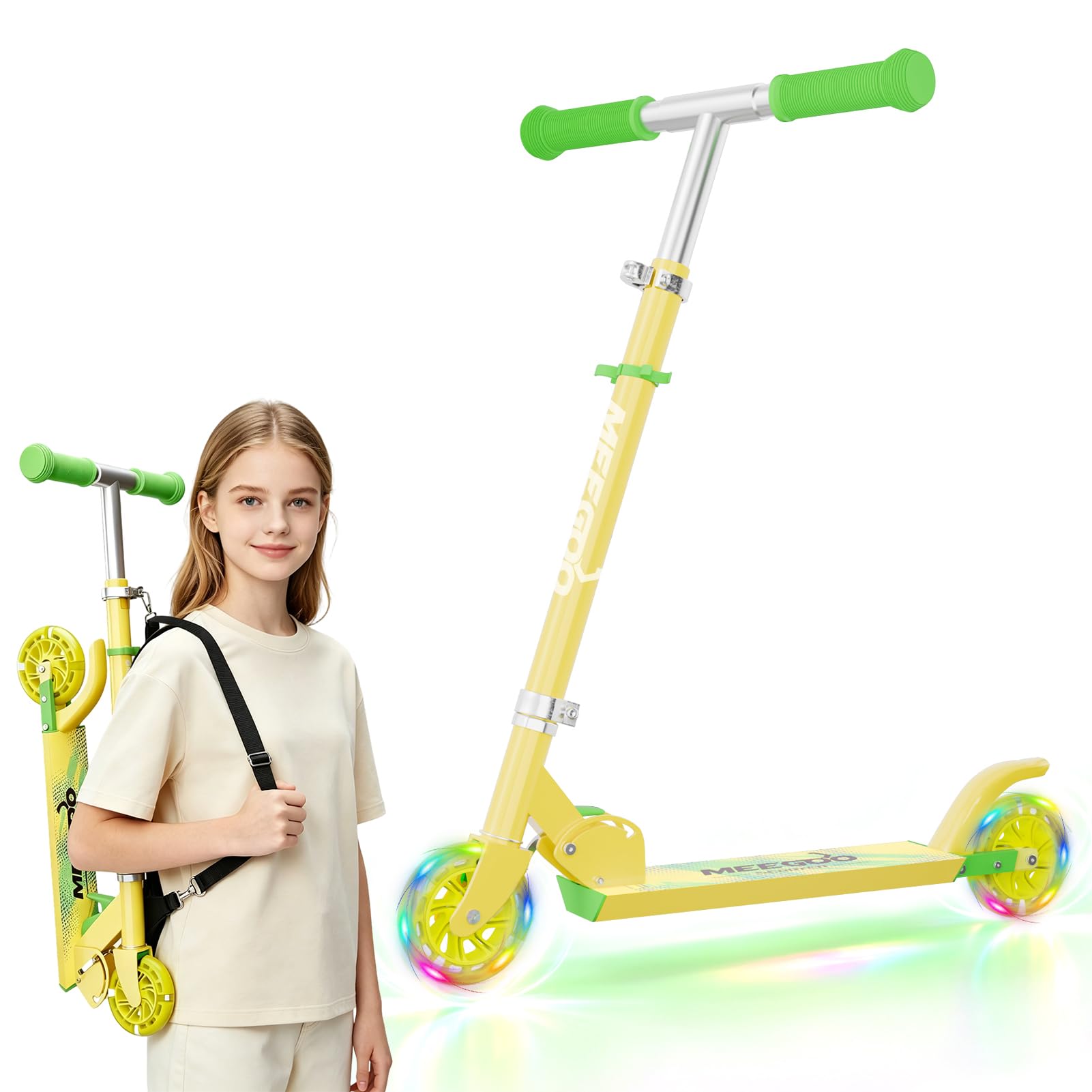 MEE GOO Patinete infantil de aluminio, plegable, altura ajustable, con freno de mano y campana, para niños de 8 años y despertar