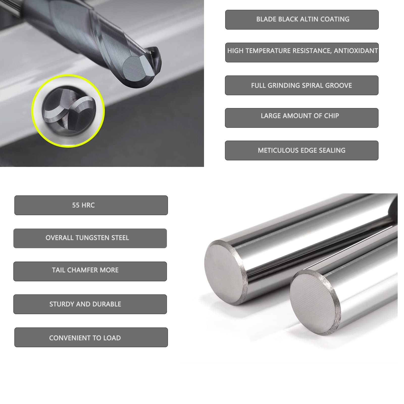 1 Pieza Fresa de punta redonda de metal duro 18mm, 2 dientes/2 Flautas CNC Fresas, HRC 55, Negro AlTiN revestimiento,Fresa de cabeza redonda 18mm Para Acero Metal Madera Plásticos (Ø 18mm)