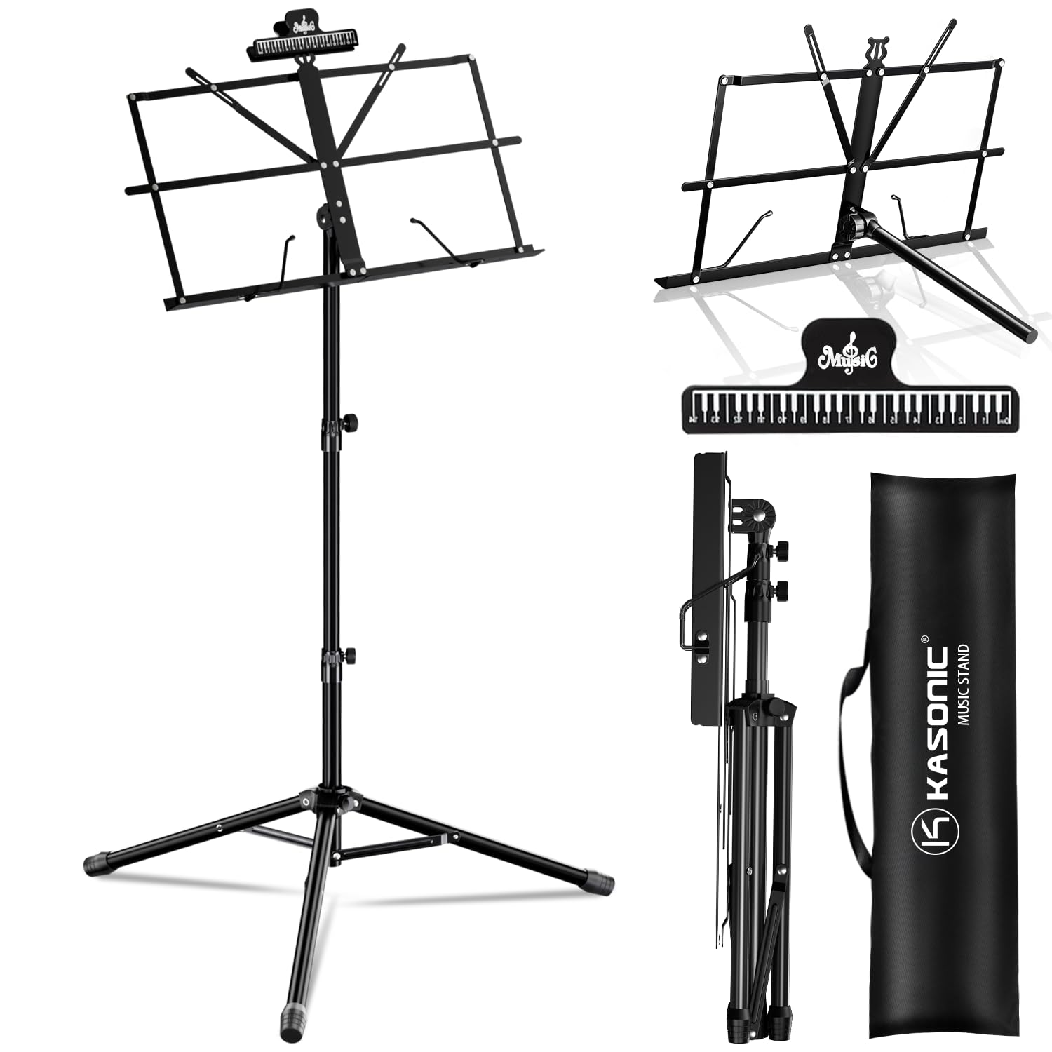 K KASONIC Atril para partituras, Kasonic 2 en 1, plegable, de doble uso, para partituras, y soporte para libros de escritorio, portátil y liviano con soporte para clip de partituras