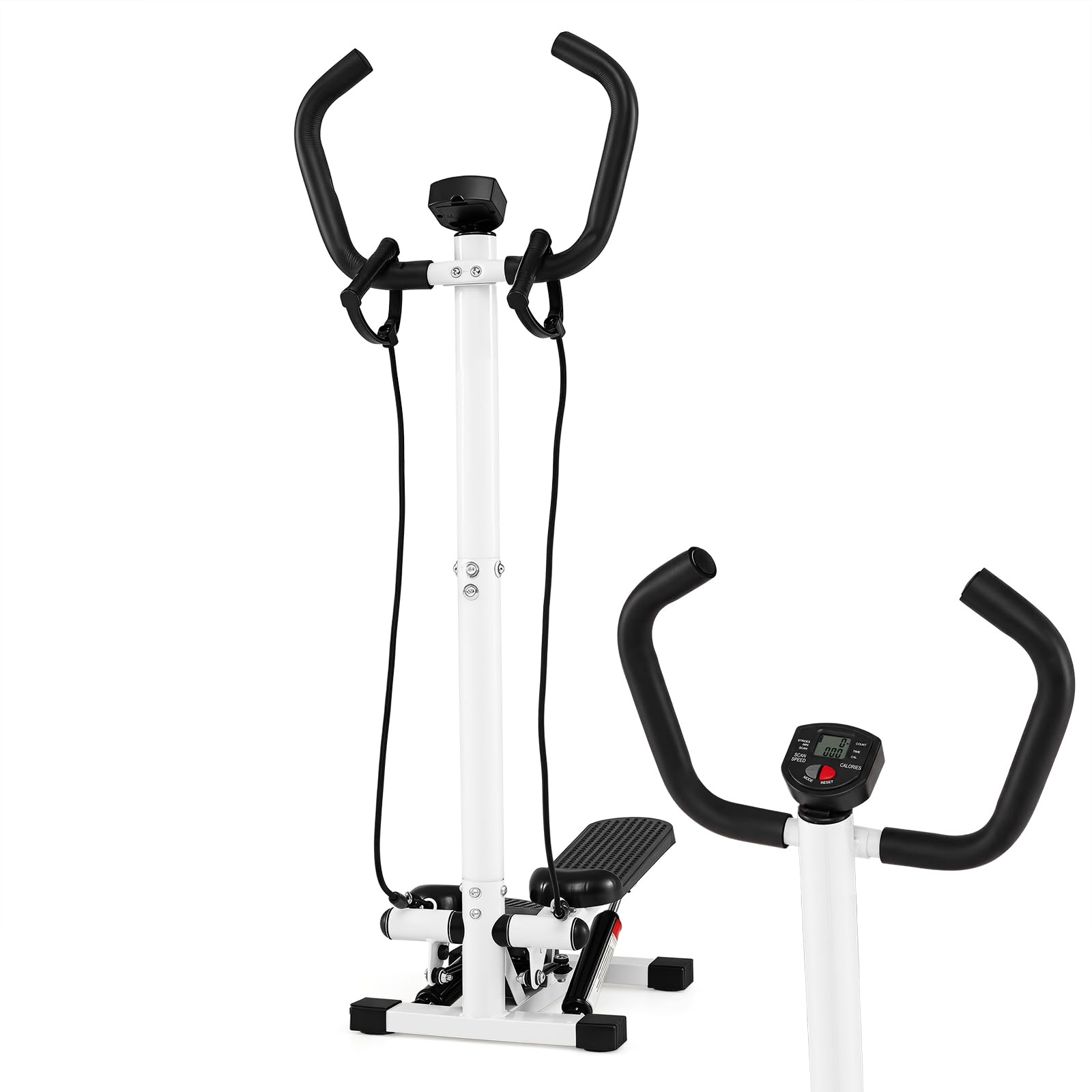 COSTWAY Mini stepper z kierownicą, cichy i antypoślizgowy | Stepper fitness z taśmami oporowymi i wyświetlaczem LCD, hydrauliczny rower treningowy do domu, biura