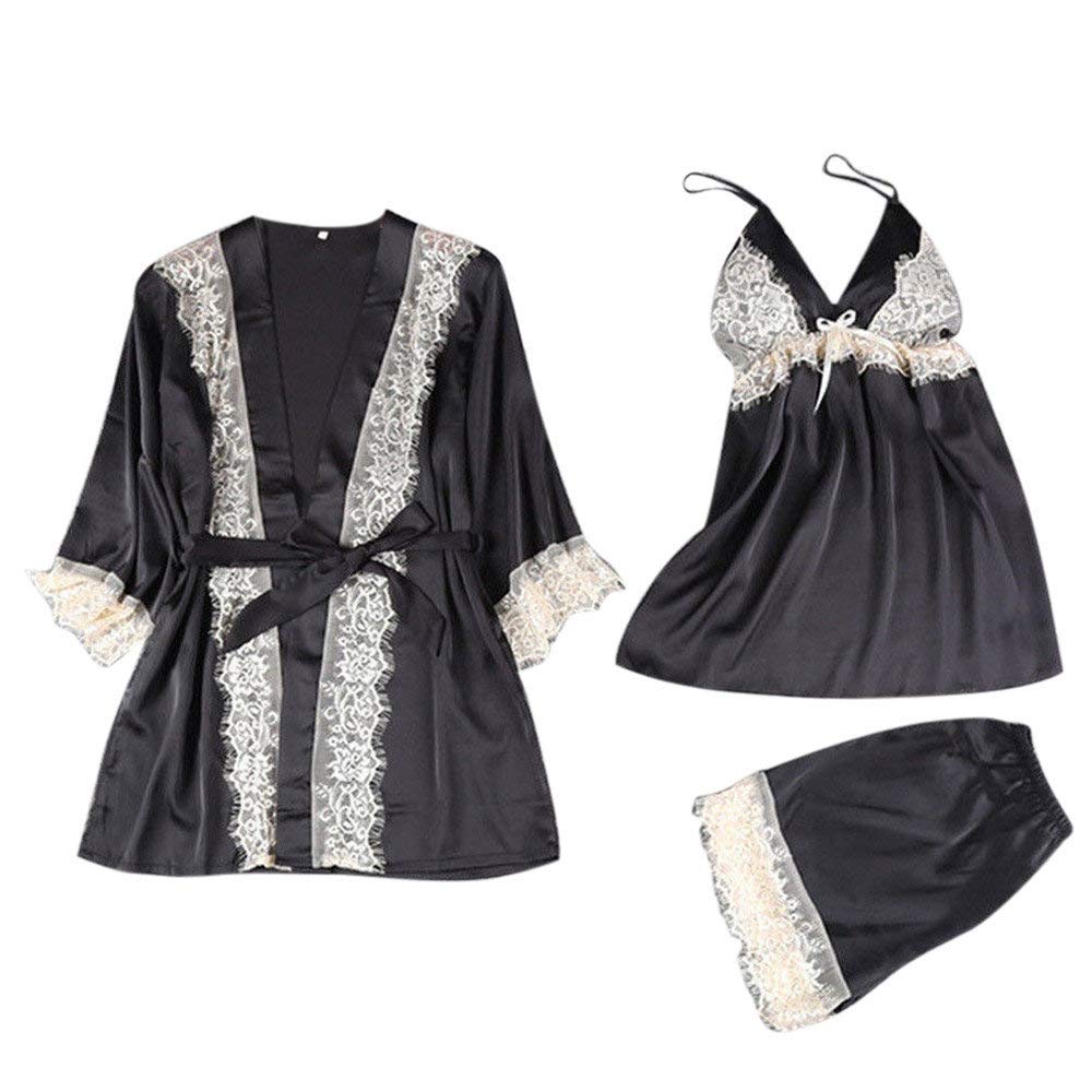 Dressin Underwear Lace Trim V Neck Sling Nightdress Long Sleeve Erotic Babydoll Sleepwear Nightwear